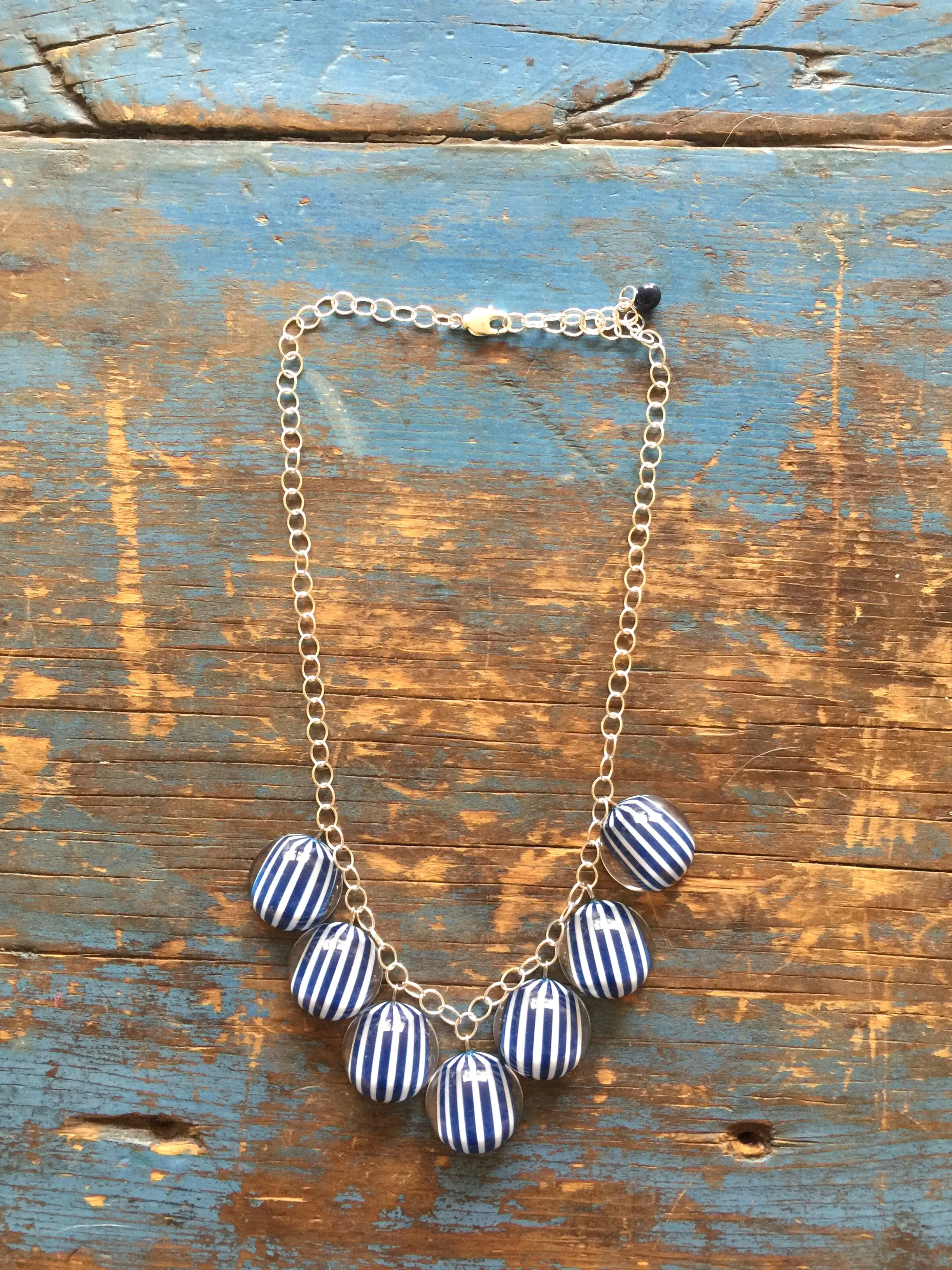 Navy White Stripe Nautical Poker Face Statement Necklace