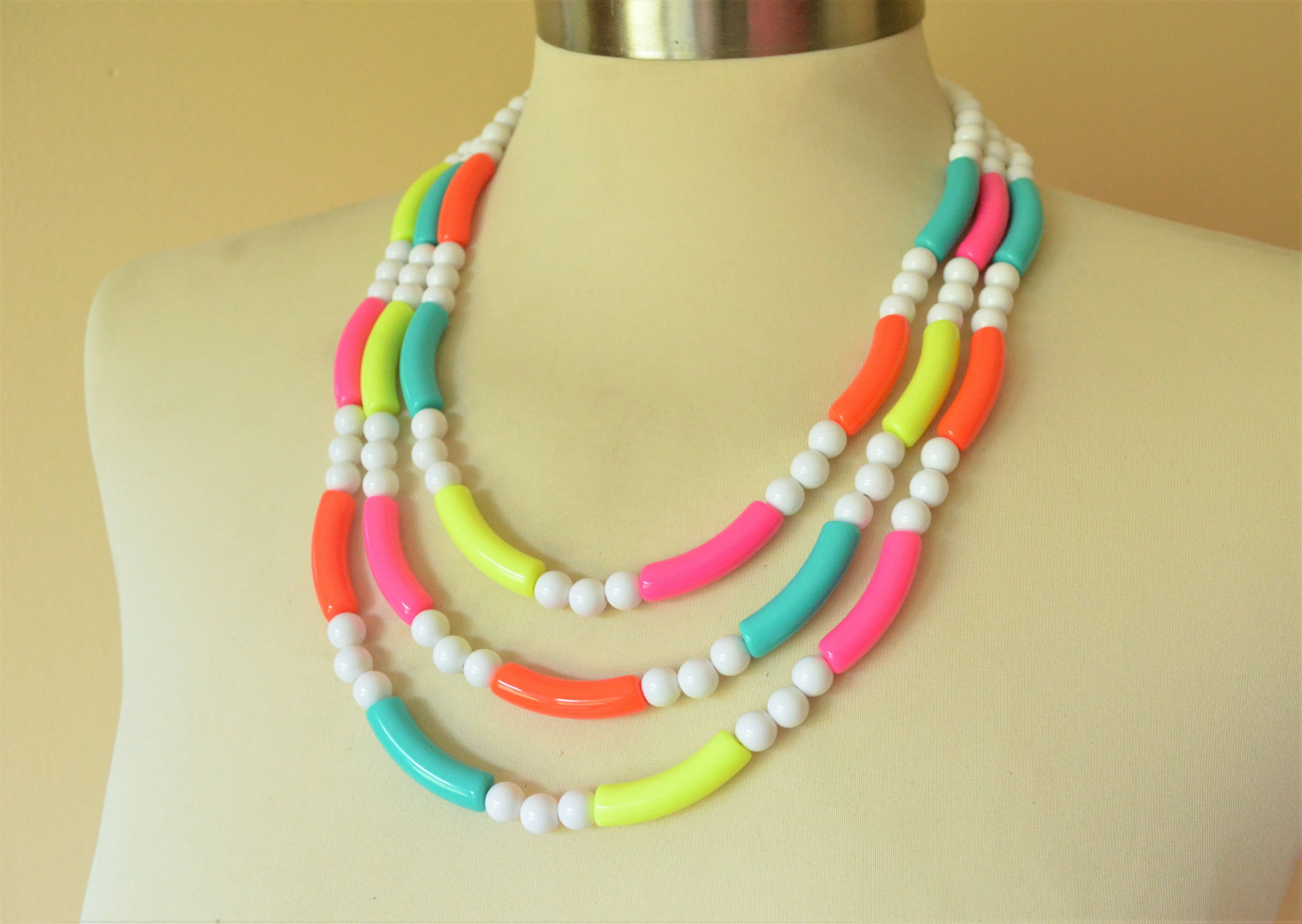 Neon White Acrylic Bead Multi Color Lucite Statement Necklace - Tanya