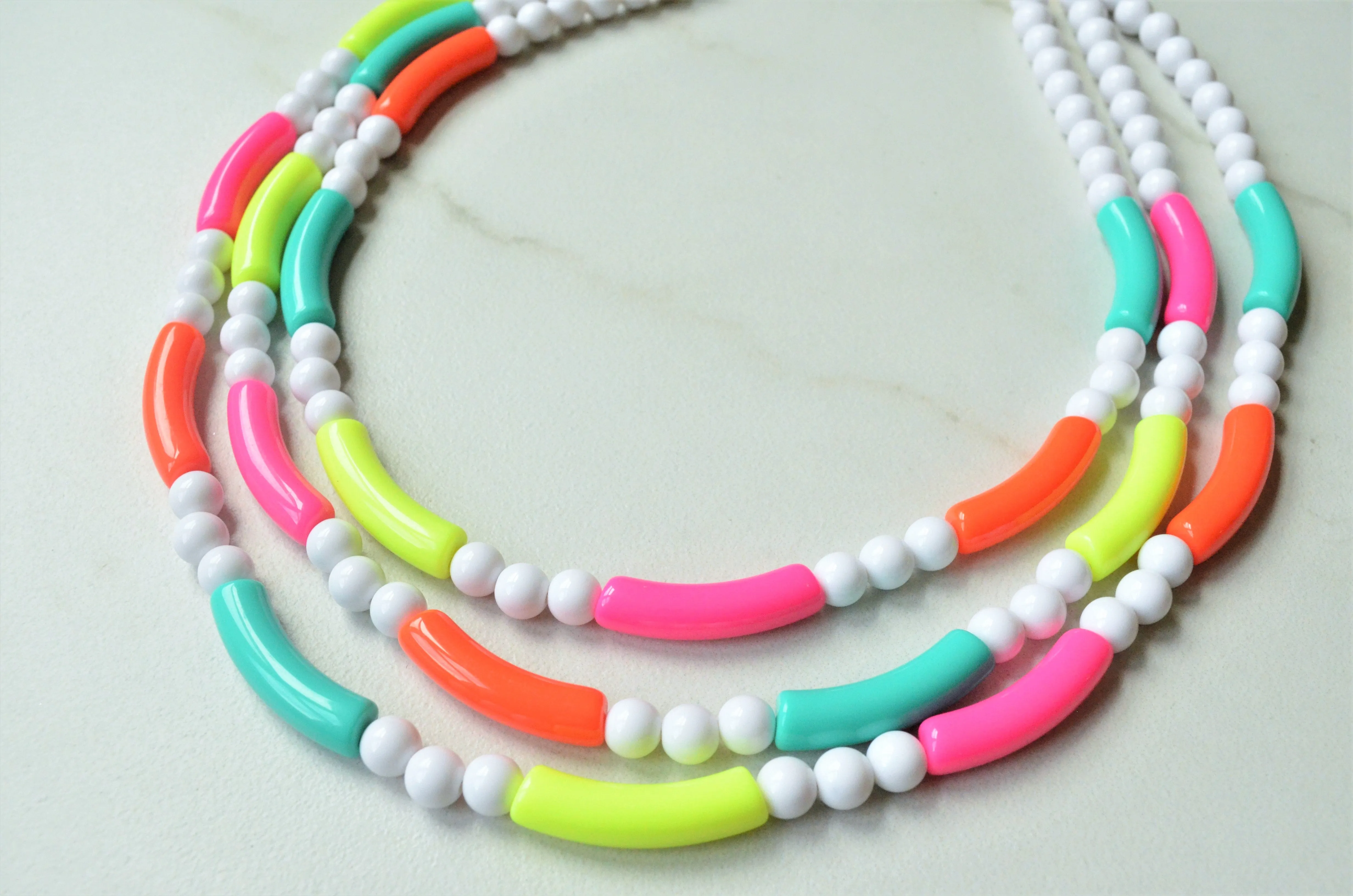 Neon White Acrylic Bead Multi Color Lucite Statement Necklace - Tanya