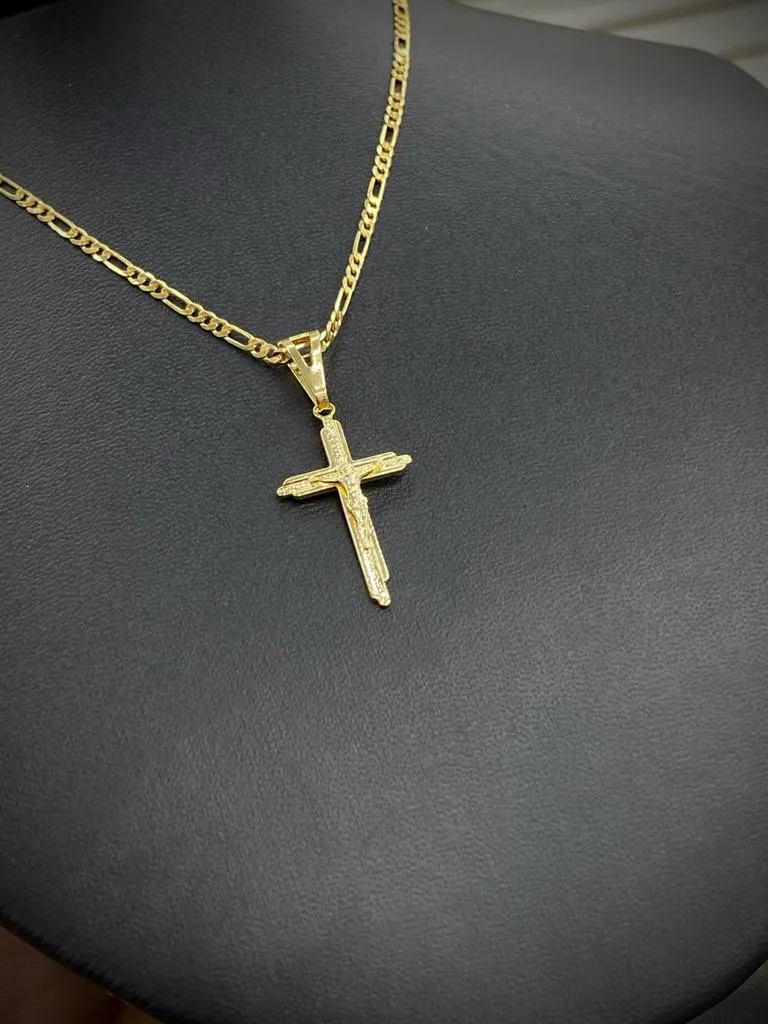 NEW Cross Necklace Figaro Chain 14K Gold Filled Gifts Crucifix Charm 30x18