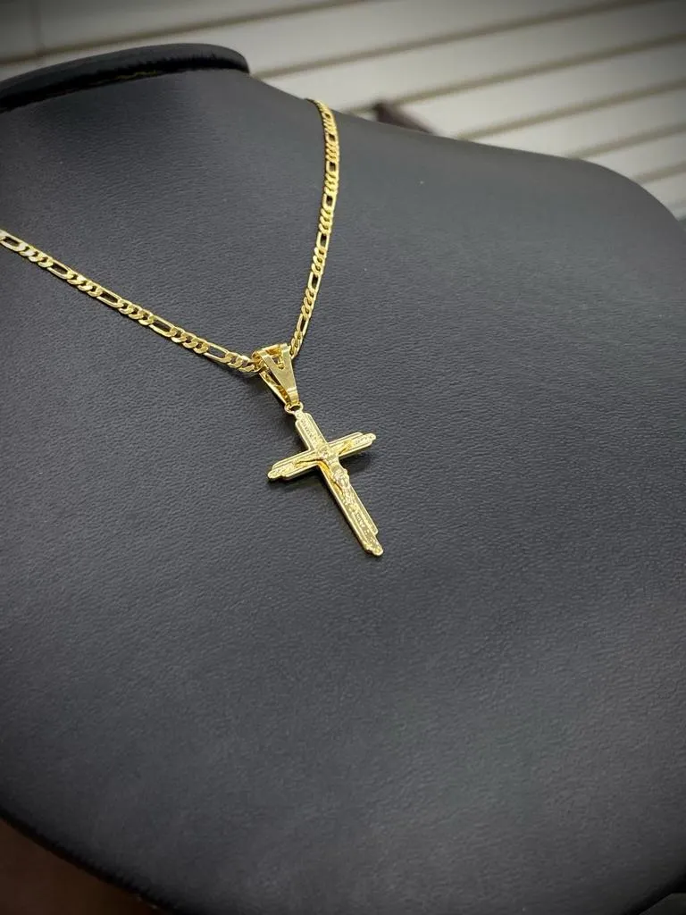 NEW Cross Necklace Figaro Chain 14K Gold Filled Gifts Crucifix Charm 30x18