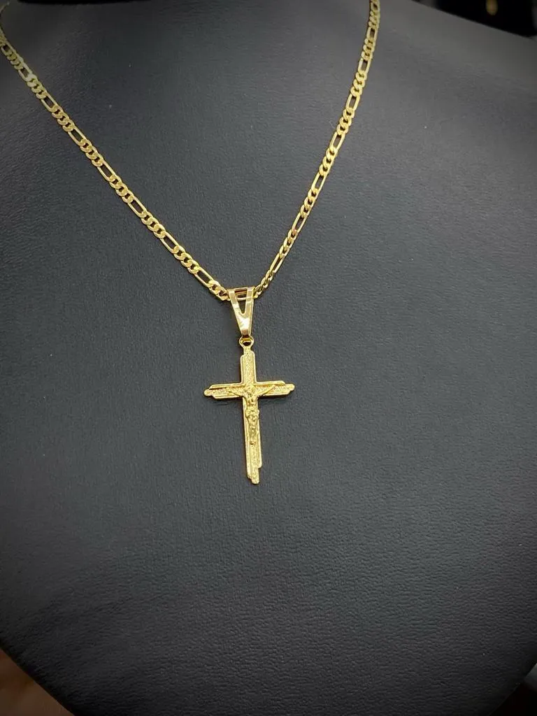 NEW Cross Necklace Figaro Chain 14K Gold Filled Gifts Crucifix Charm 30x18