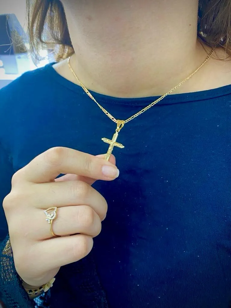 NEW Cross Necklace Figaro Chain 14K Gold Filled Gifts Crucifix Charm 30x18