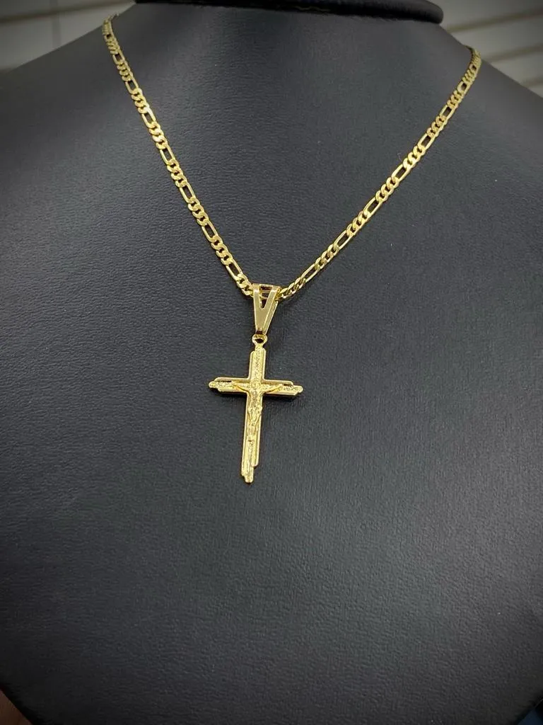 NEW Cross Necklace Figaro Chain 14K Gold Filled Gifts Crucifix Charm 30x18