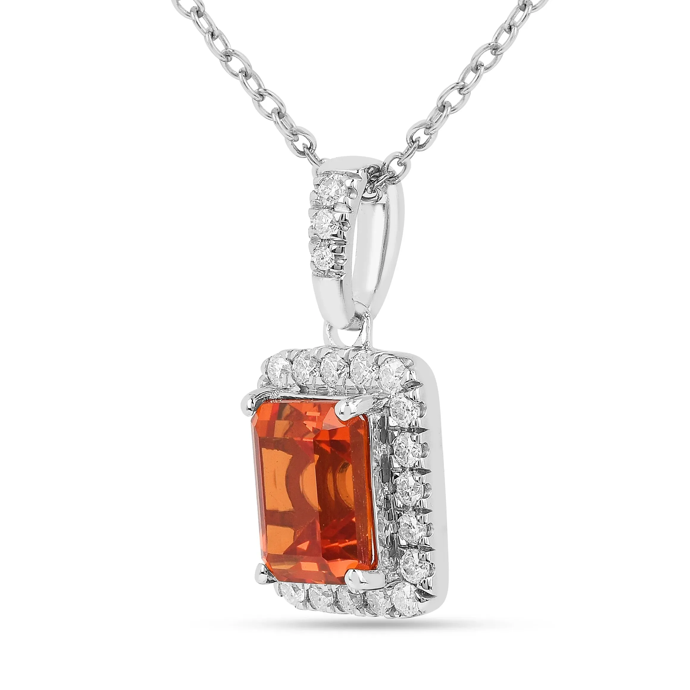 Octagon Peach Sapphire Halo Pendant Necklace