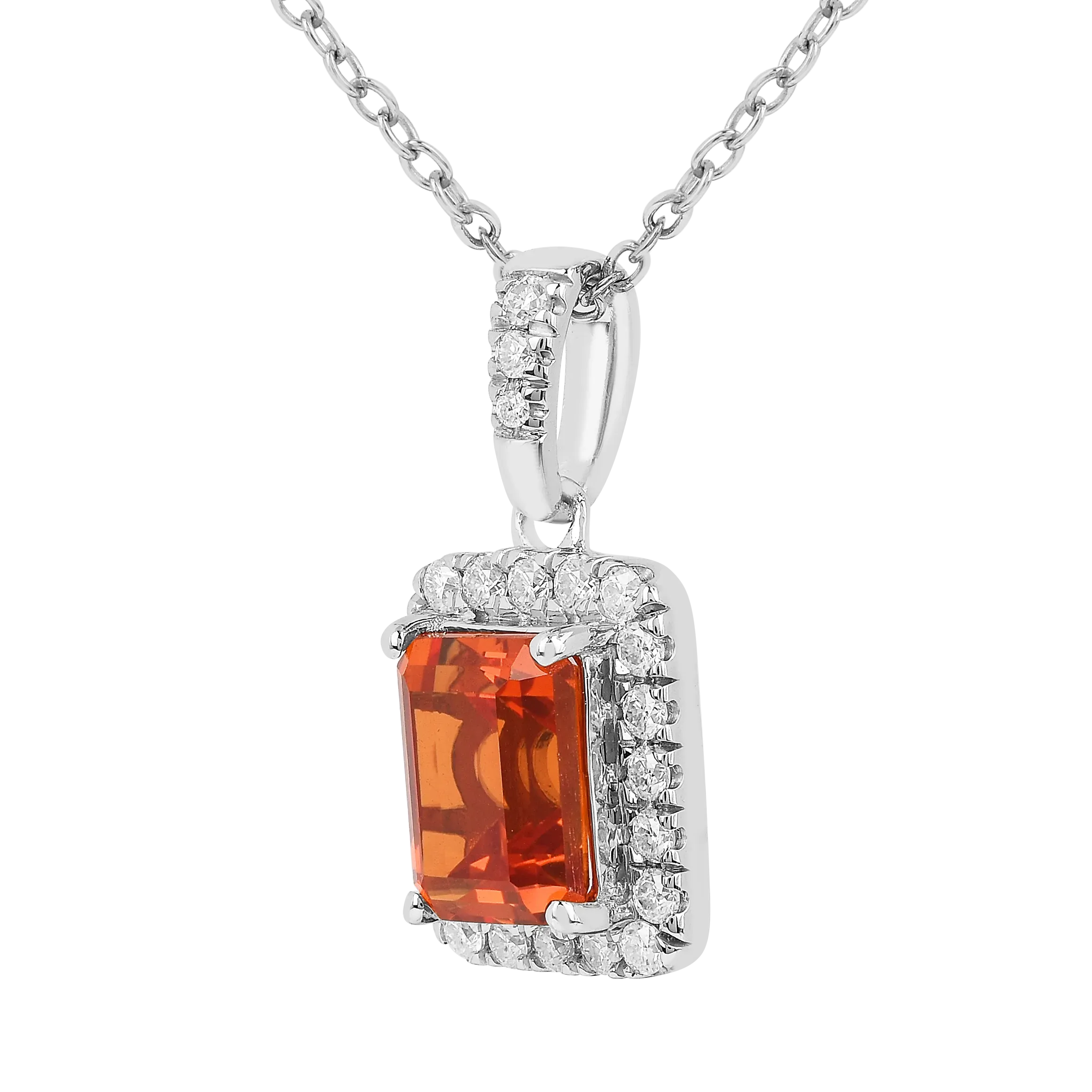 Octagon Peach Sapphire Halo Pendant Necklace