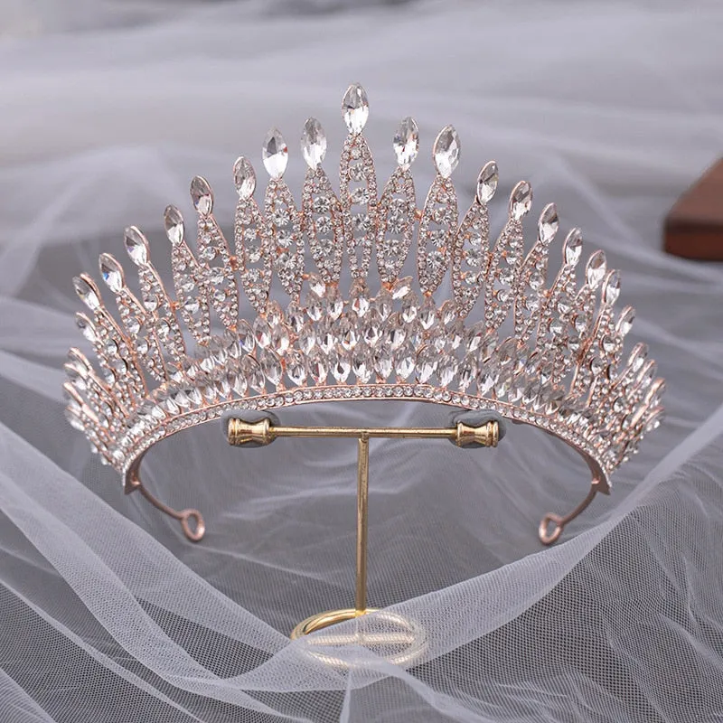 Pageant Pink Bridal Crown Water Drop Crystal Tiara Hair Jewelry Accessory