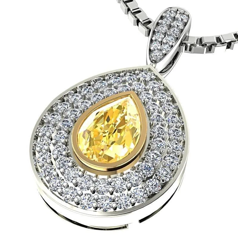 Pear Citrine Double Diamond Halo Pendant Necklace 14K White Gold