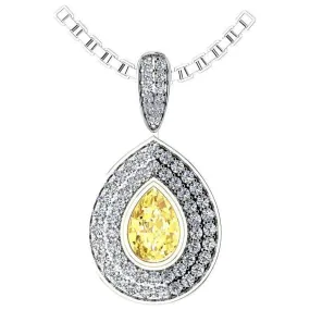 Pear Citrine Double Diamond Halo Pendant Necklace 14K White Gold