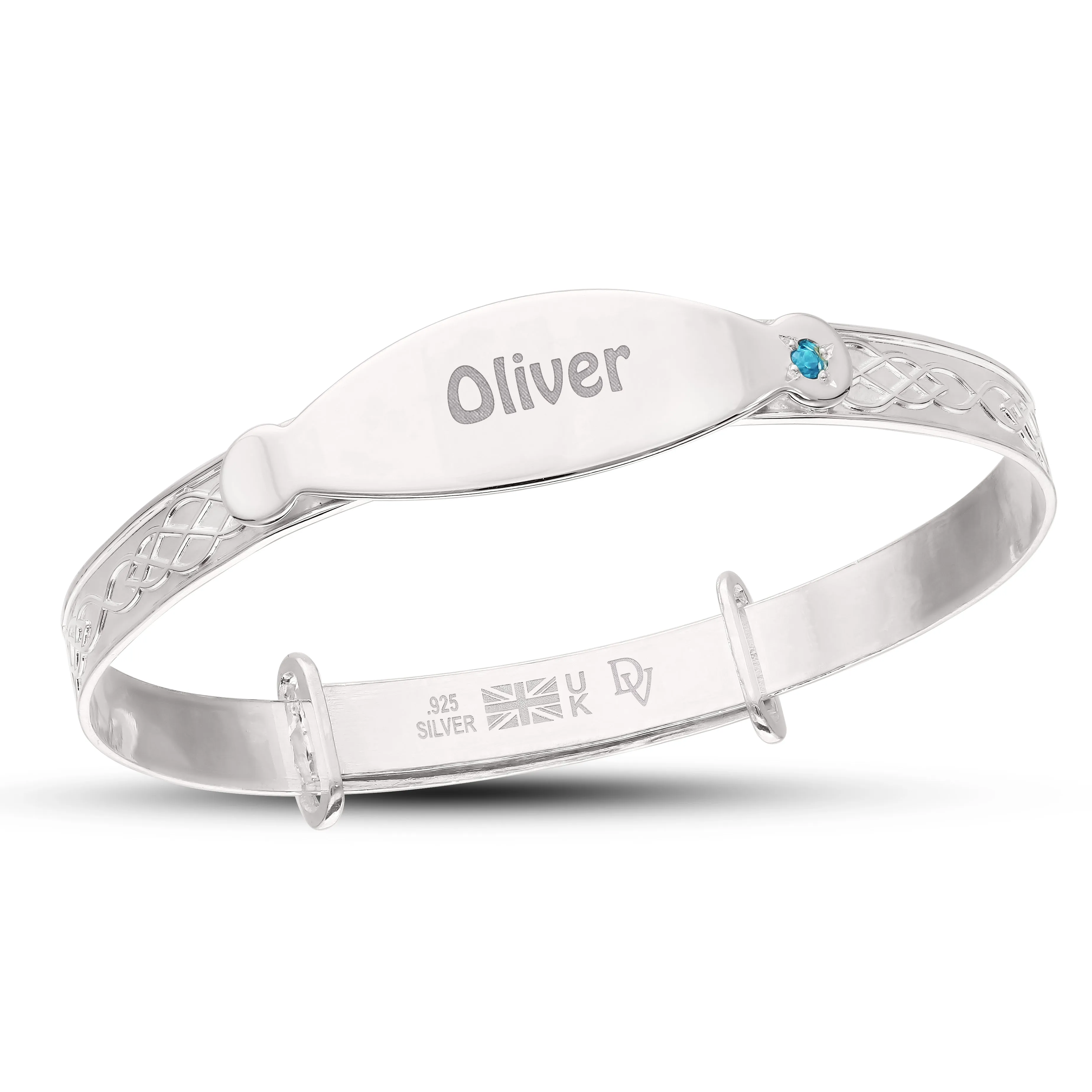 Personalised Silver Blue CZ Baby Boy Bangle (0-1 years)