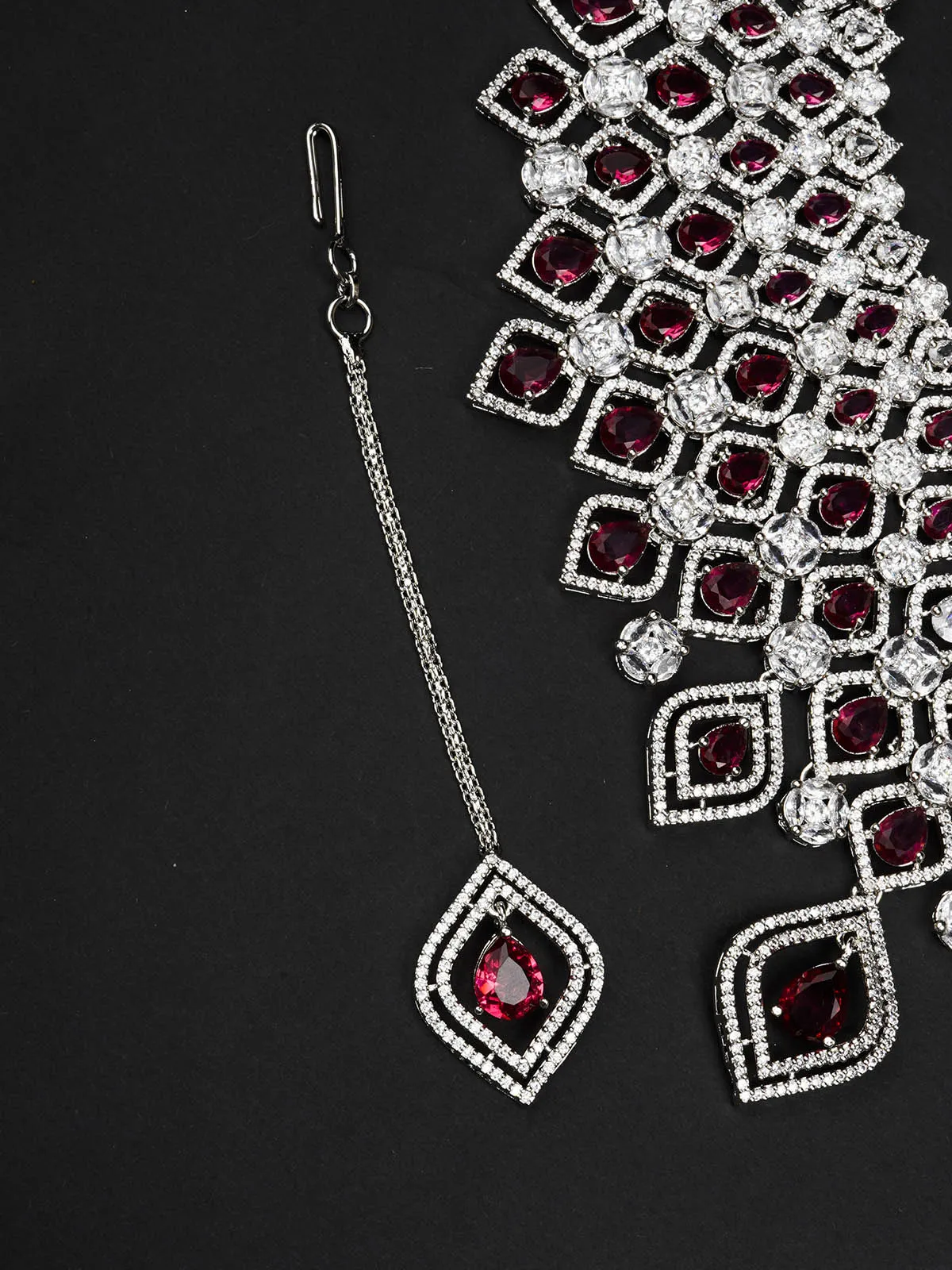 Pink Color Silver Plated Faux Diamond Bridal Necklace Set - CZSET323P