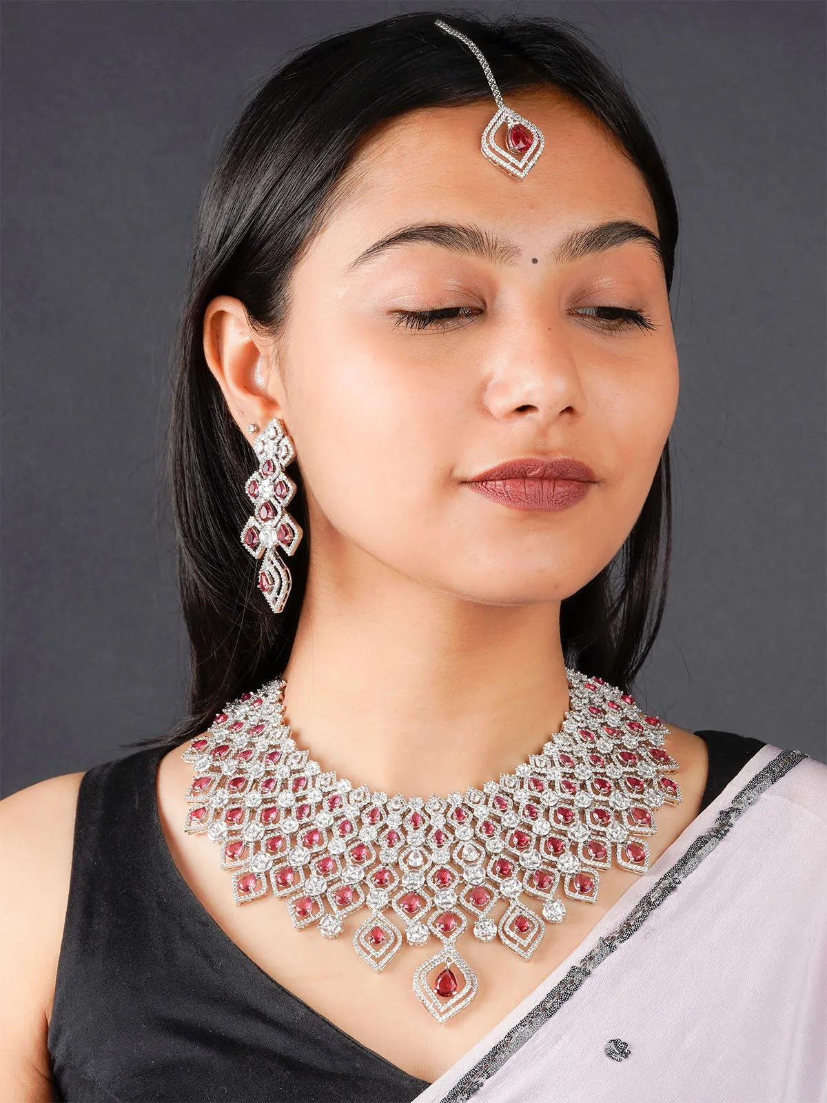 Pink Color Silver Plated Faux Diamond Bridal Necklace Set - CZSET323P