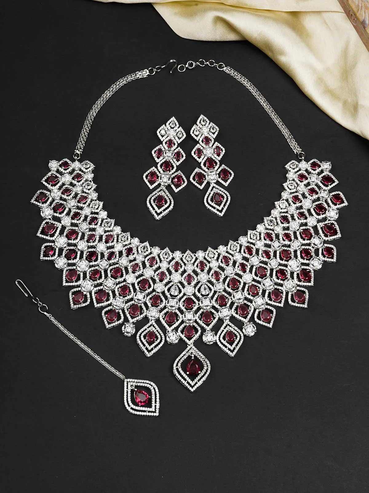 Pink Color Silver Plated Faux Diamond Bridal Necklace Set - CZSET323P