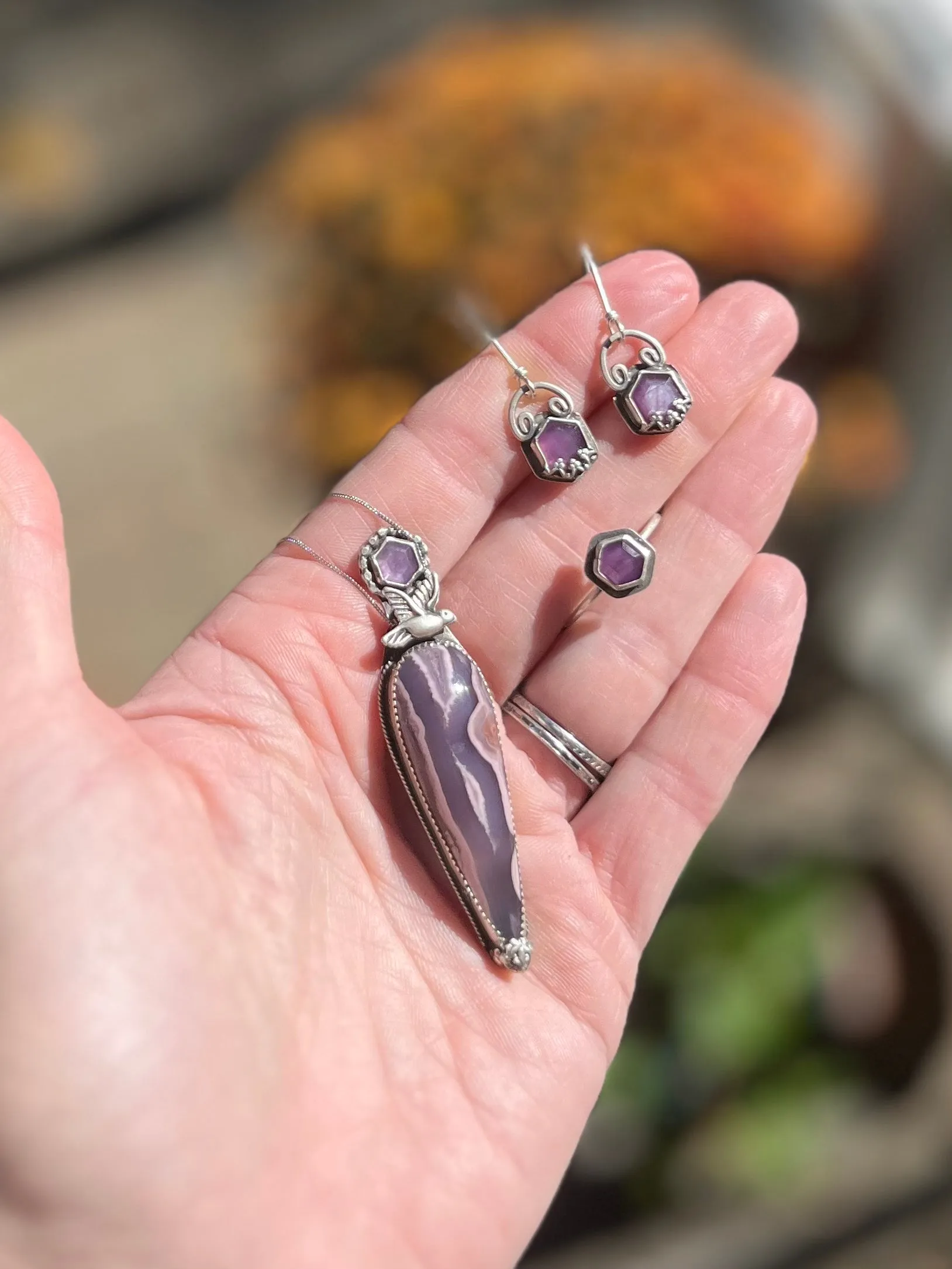 Purple Passion Agate and Purple Sapphire with Dove Necklace