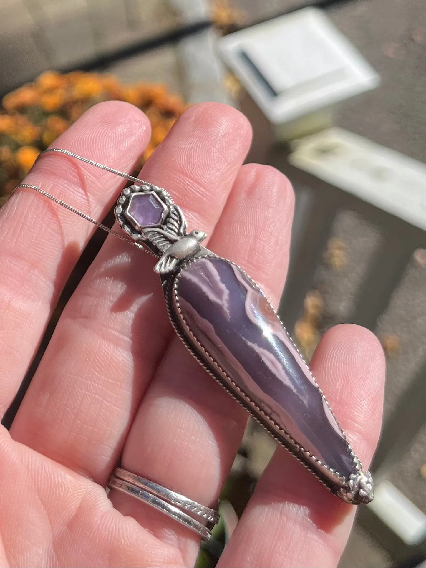 Purple Passion Agate and Purple Sapphire with Dove Necklace