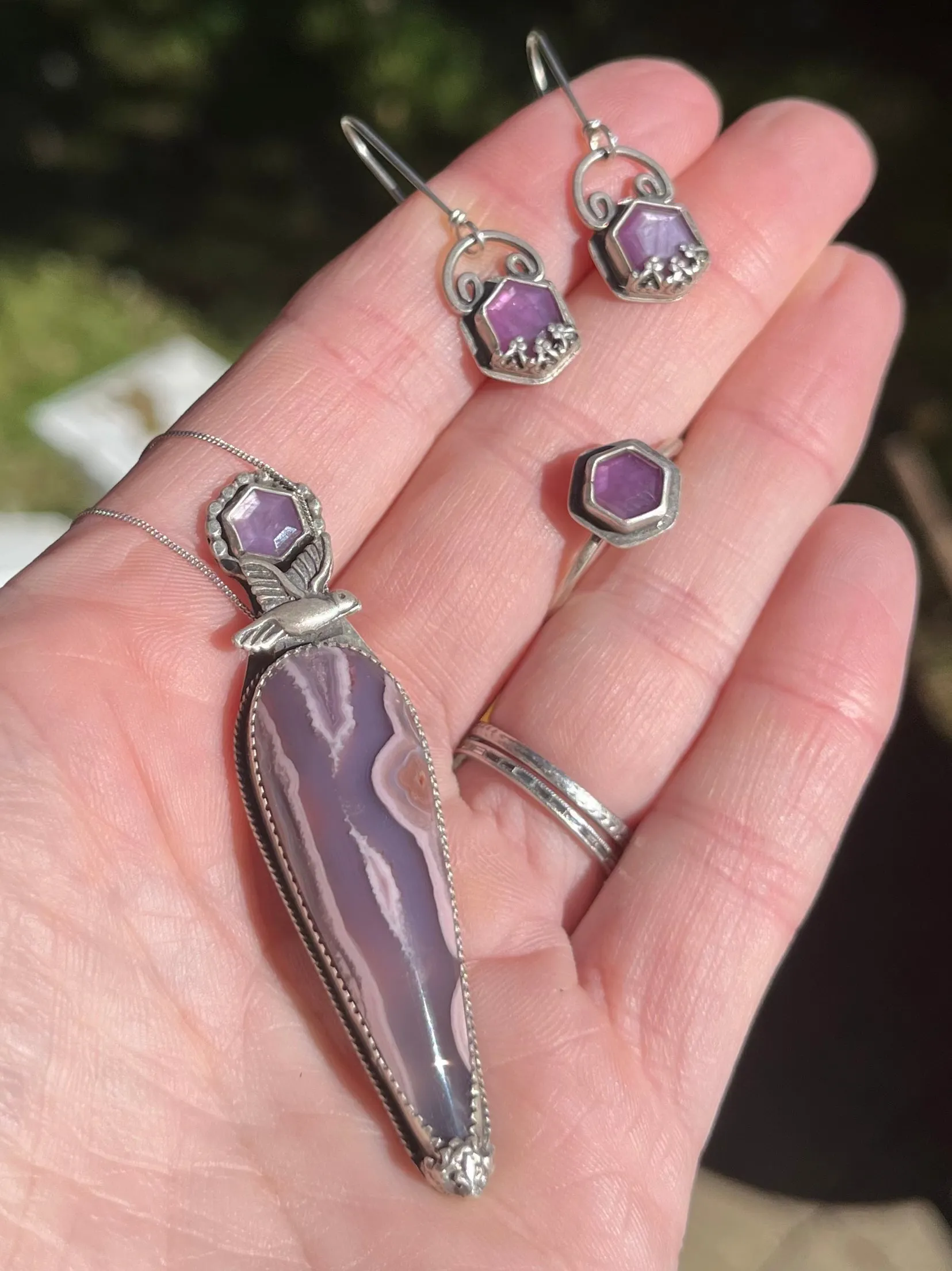 Purple Passion Agate and Purple Sapphire with Dove Necklace