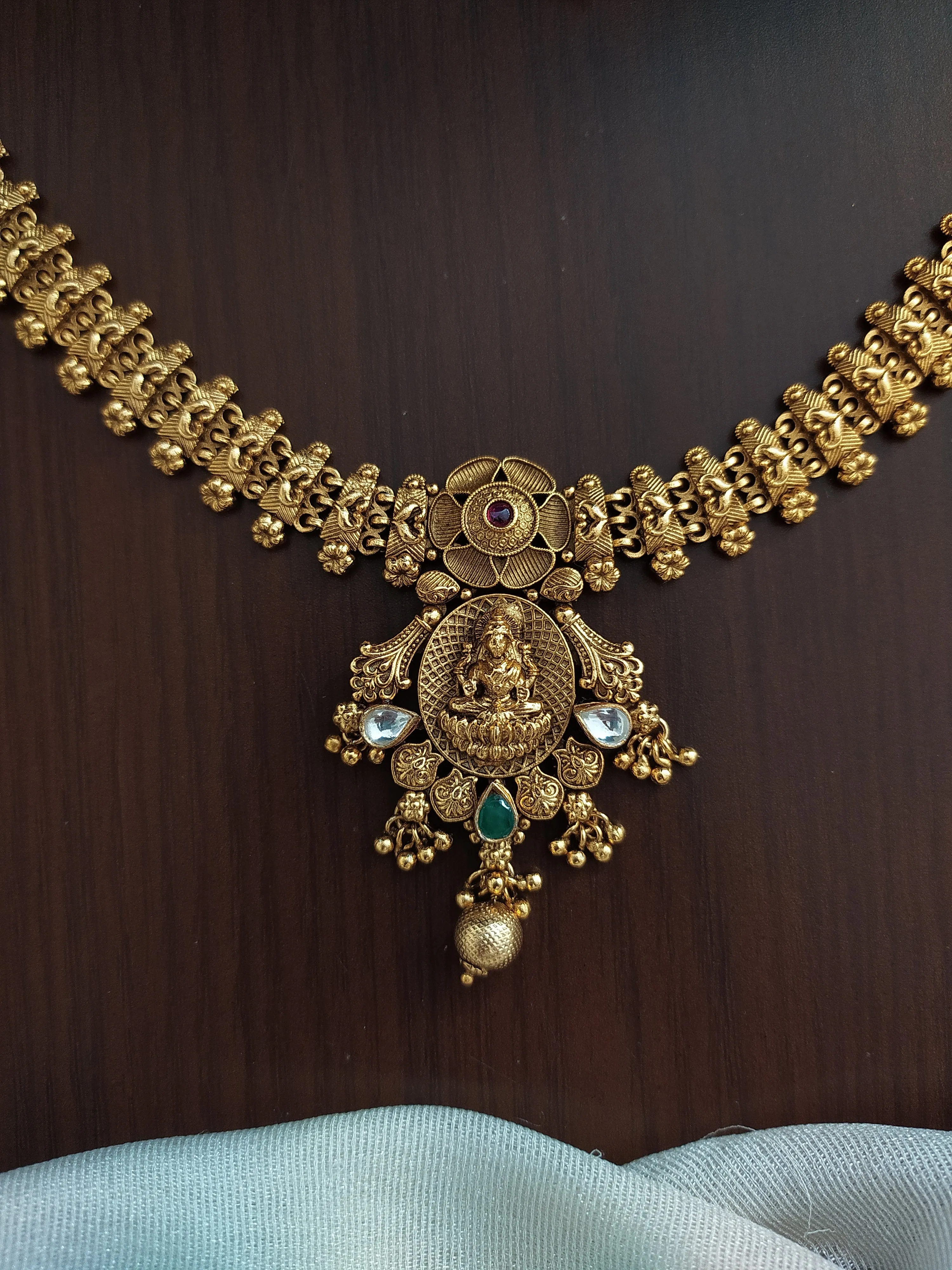 "Antique Plain Gold Lakshmi Necklace Set with Matching Earrings"