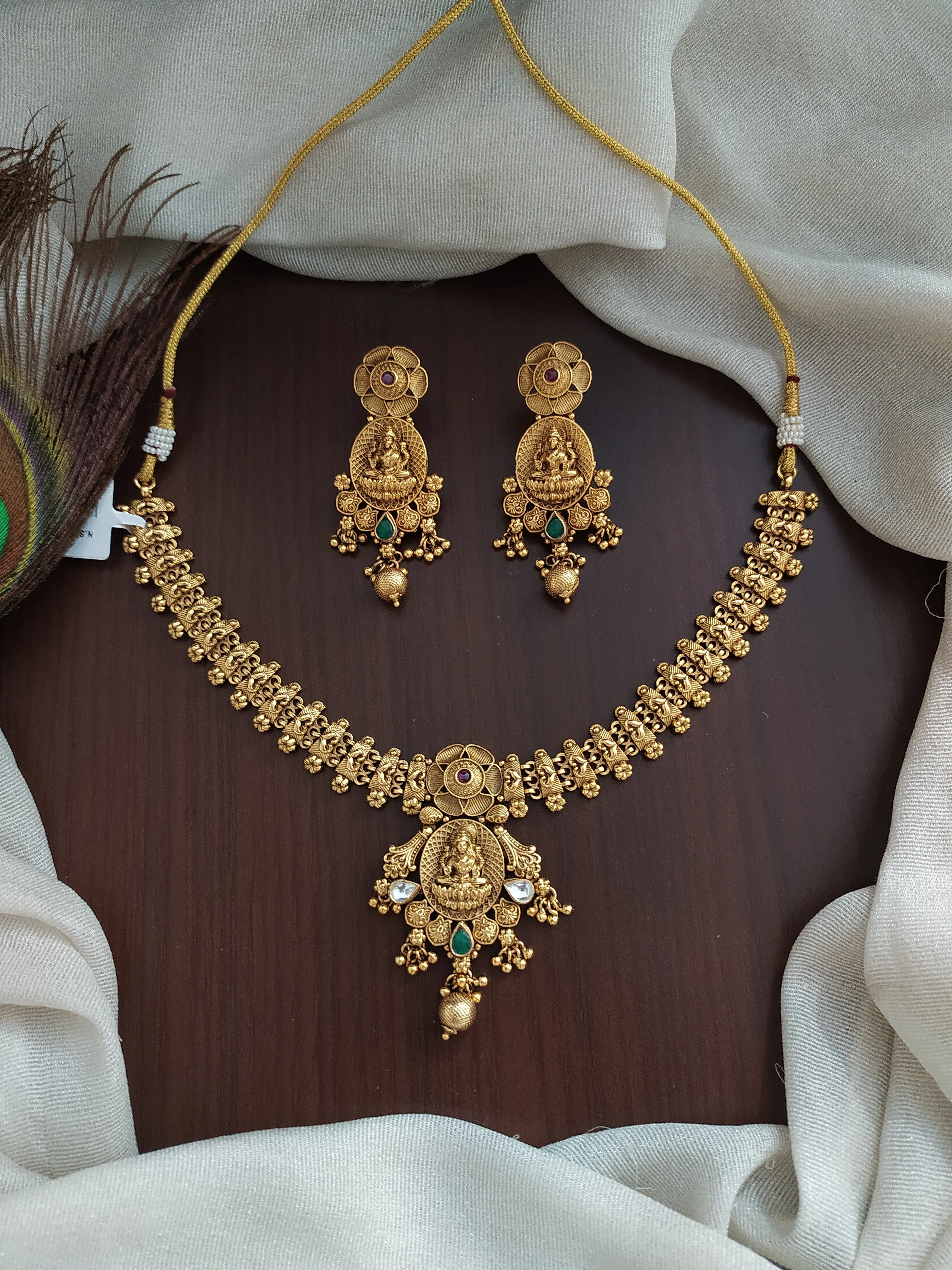 "Antique Plain Gold Lakshmi Necklace Set with Matching Earrings"