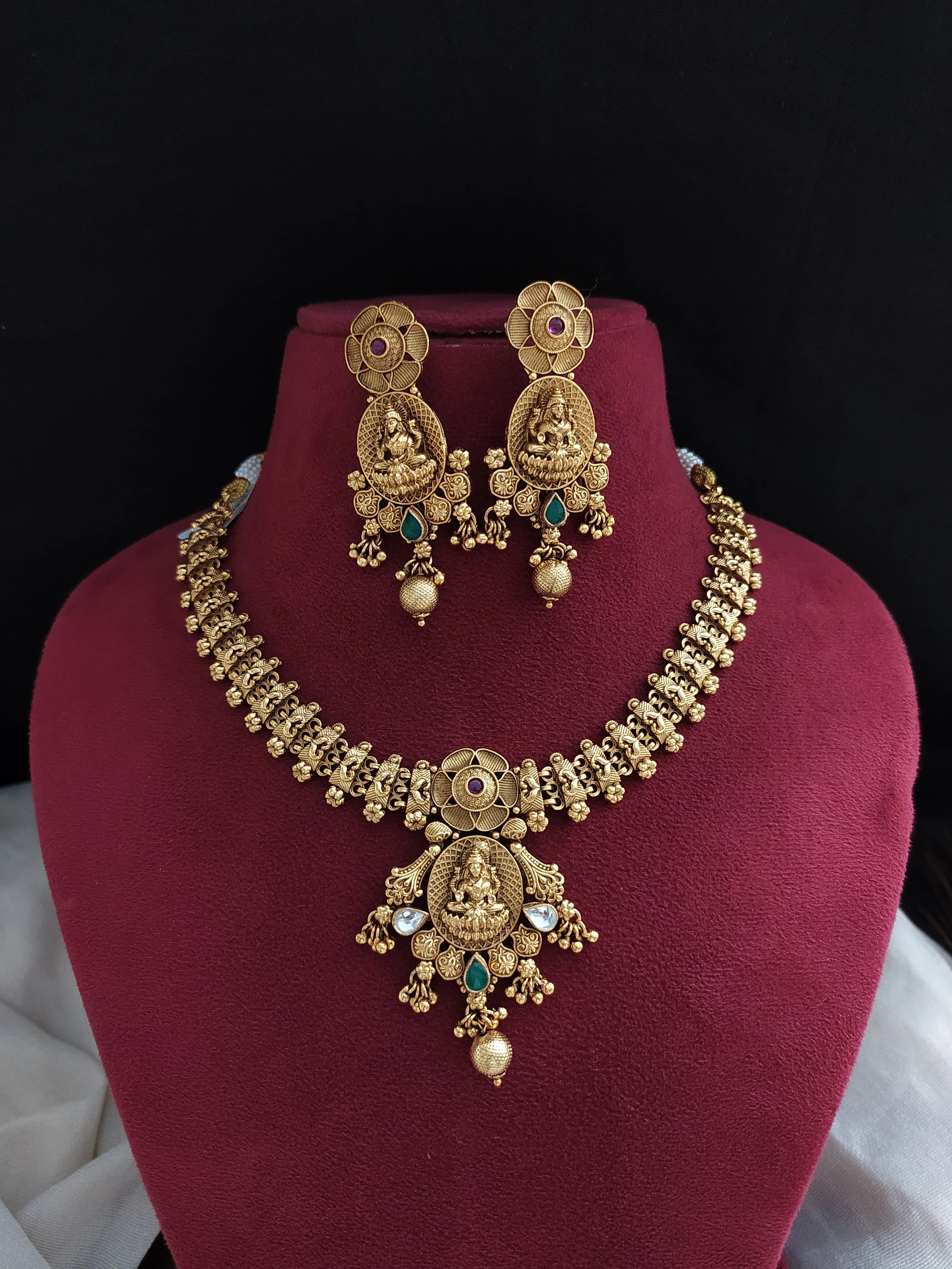 "Antique Plain Gold Lakshmi Necklace Set with Matching Earrings"