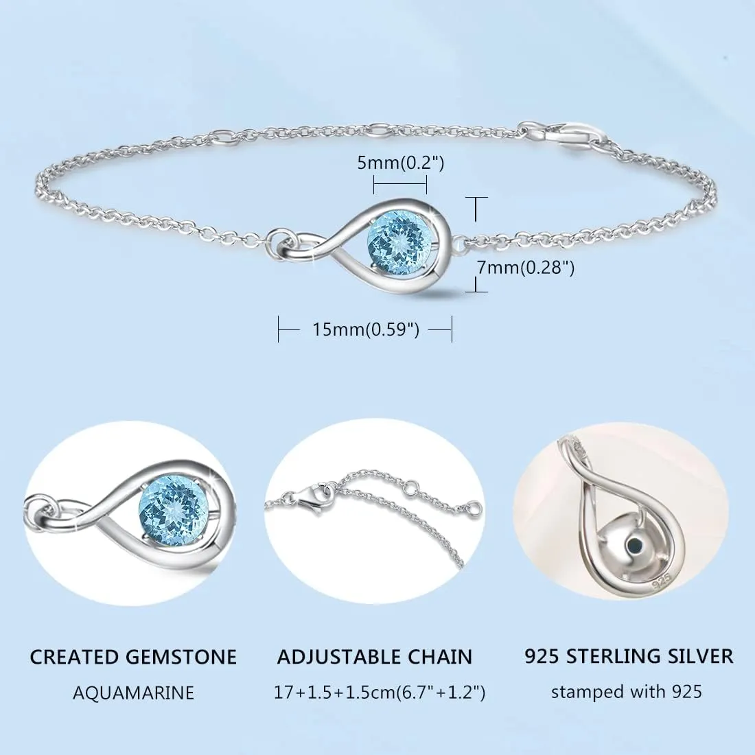 "Infinite Embrace" March Birthstone Aquamarine Infinity Symbol Sterling Silver Bracelet