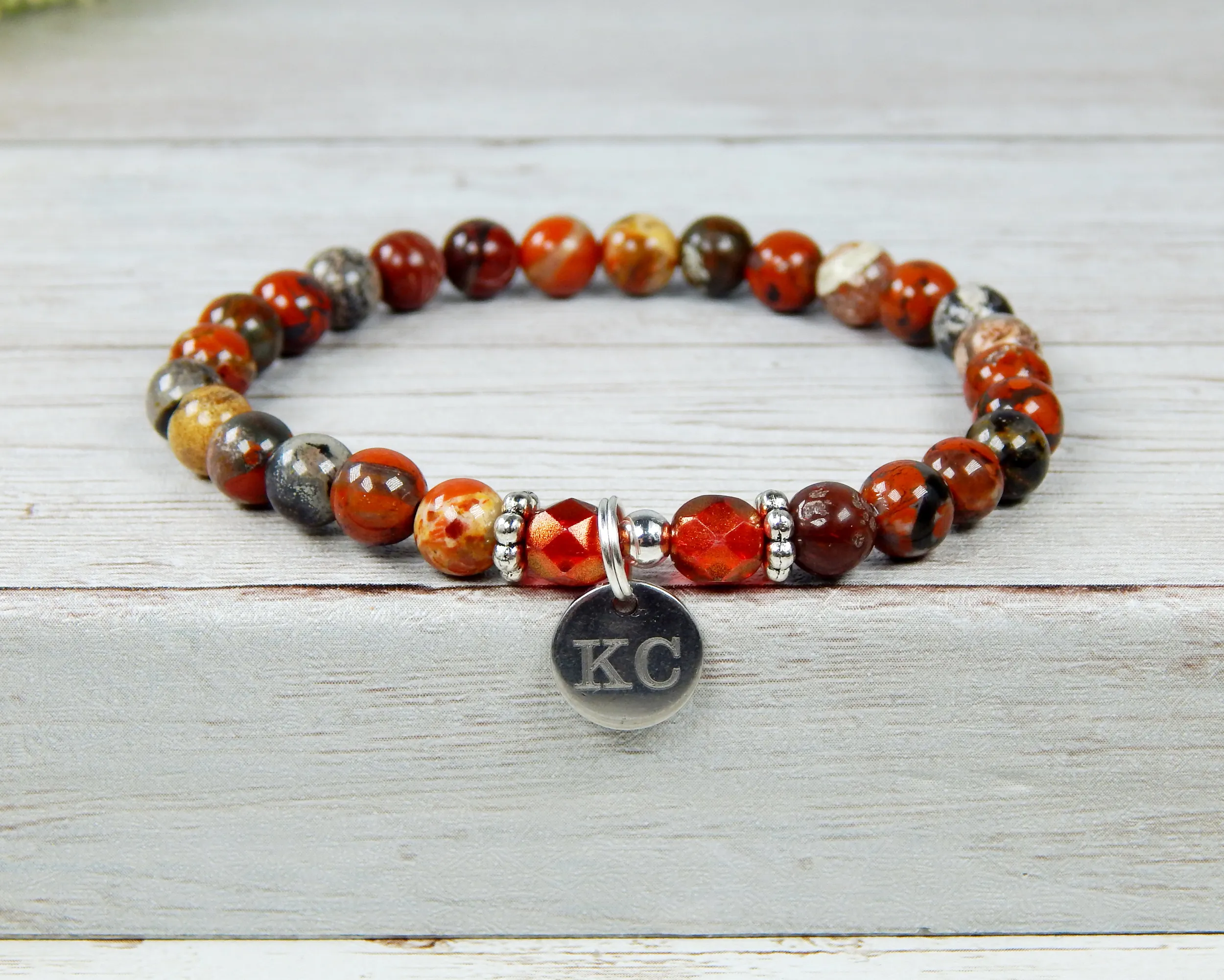 Red Jasper Engraved Bracelet for Women - Initial Bracelet - Personalized Jewelry for Women