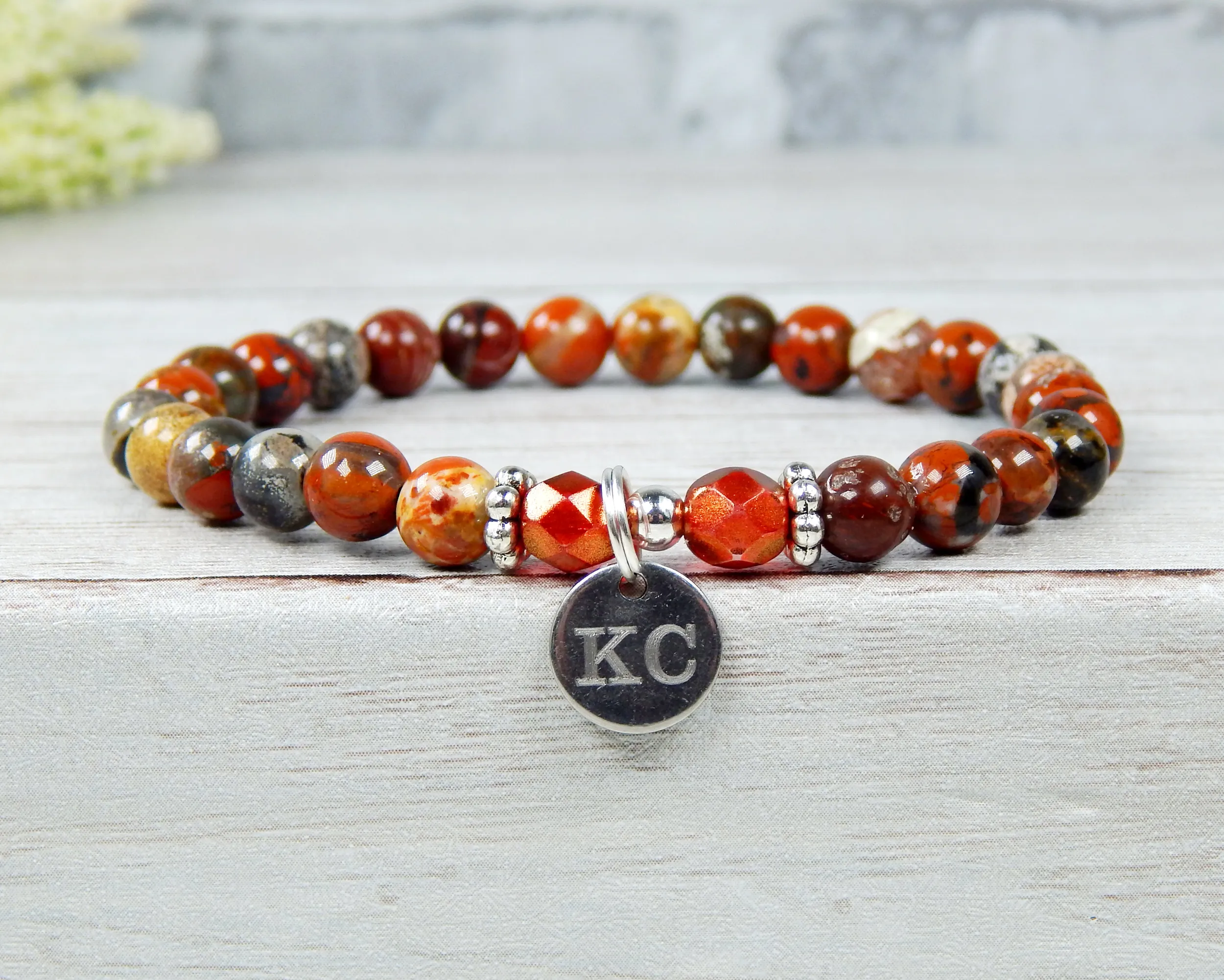 Red Jasper Engraved Bracelet for Women - Initial Bracelet - Personalized Jewelry for Women