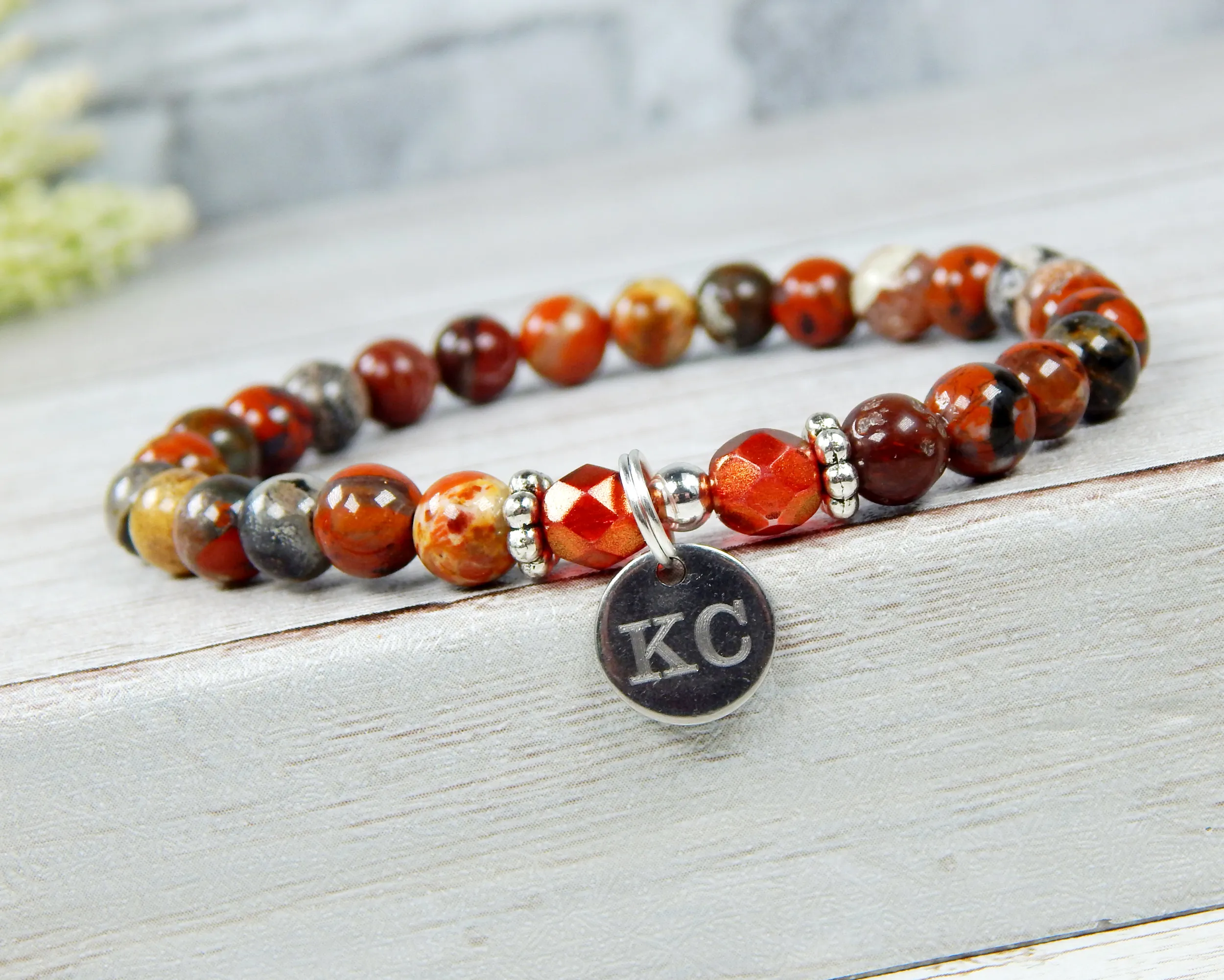 Red Jasper Engraved Bracelet for Women - Initial Bracelet - Personalized Jewelry for Women