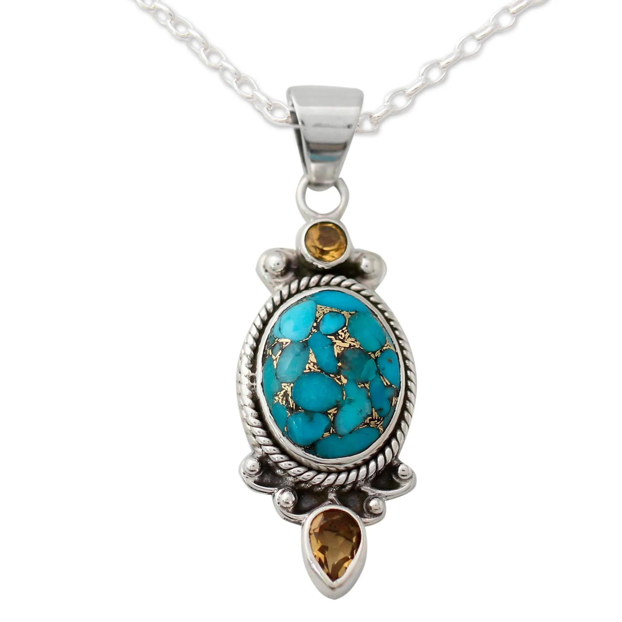 Resplendent in Blue Silver Pendant Necklace with Citrine and Composite Turquoise