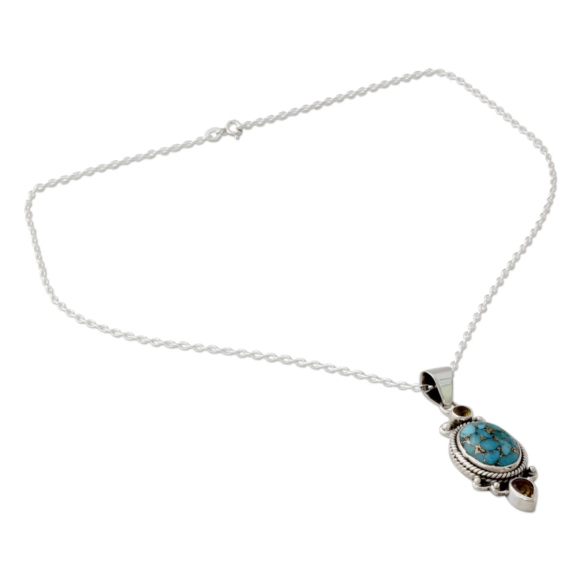 Resplendent in Blue Silver Pendant Necklace with Citrine and Composite Turquoise