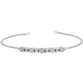 Rhodium Finish Sterling Silver Cable Cuff Bracelet with Simulated Diamond XO Flower Design