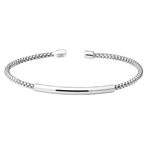 Rhodium Finish Sterling Silver Rounded Box Link Cuff Bracelet with High Polished Bar