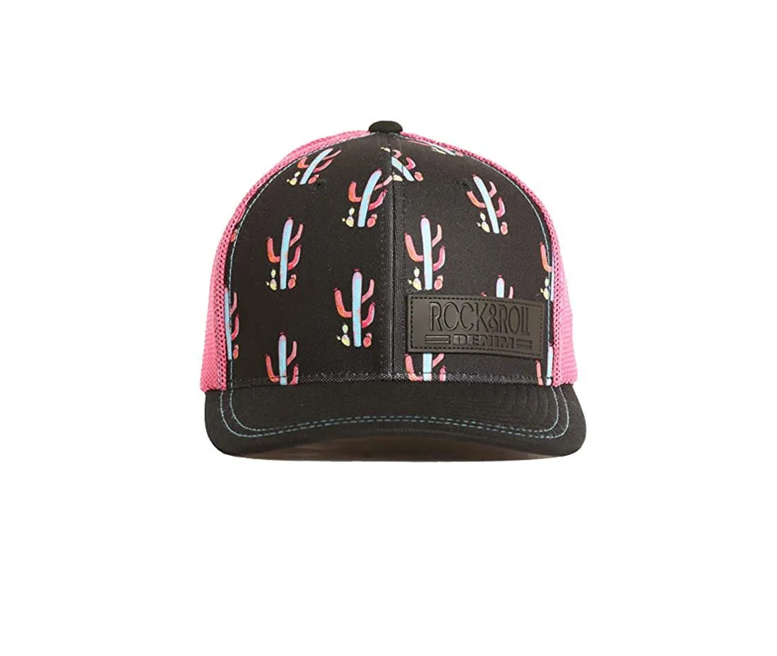 Rock & Roll Denim Snapback Cap with Pink Mesh Cactus Printed Crown