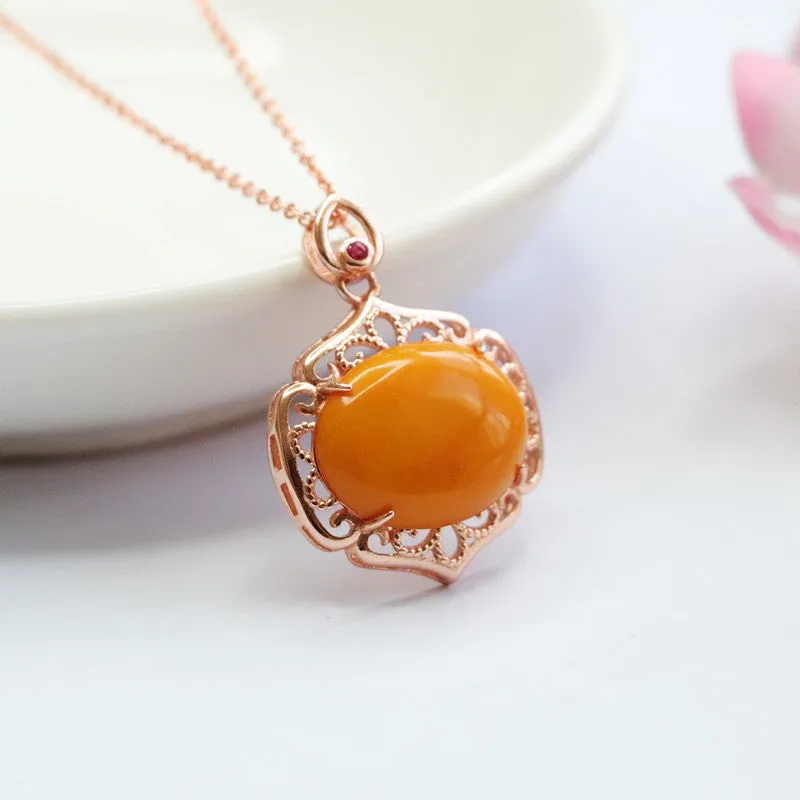 Rose Gold Necklace with Beeswax Amber Pendant and S925 Silver Hollow Rose Gold Necklace