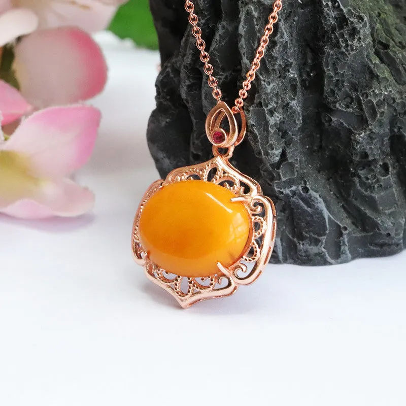 Rose Gold Necklace with Beeswax Amber Pendant and S925 Silver Hollow Rose Gold Necklace