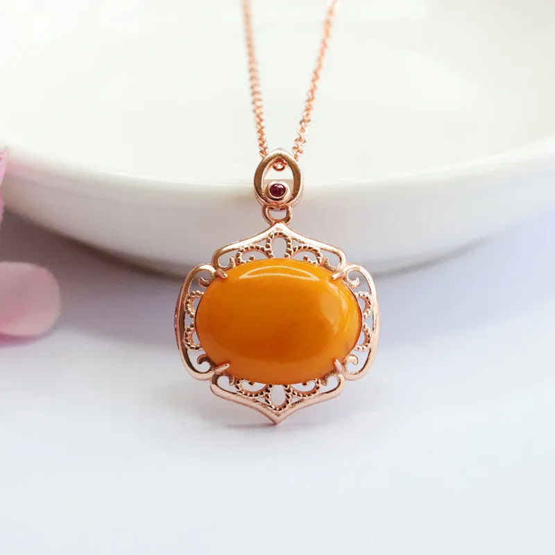 Rose Gold Necklace with Beeswax Amber Pendant and S925 Silver Hollow Rose Gold Necklace