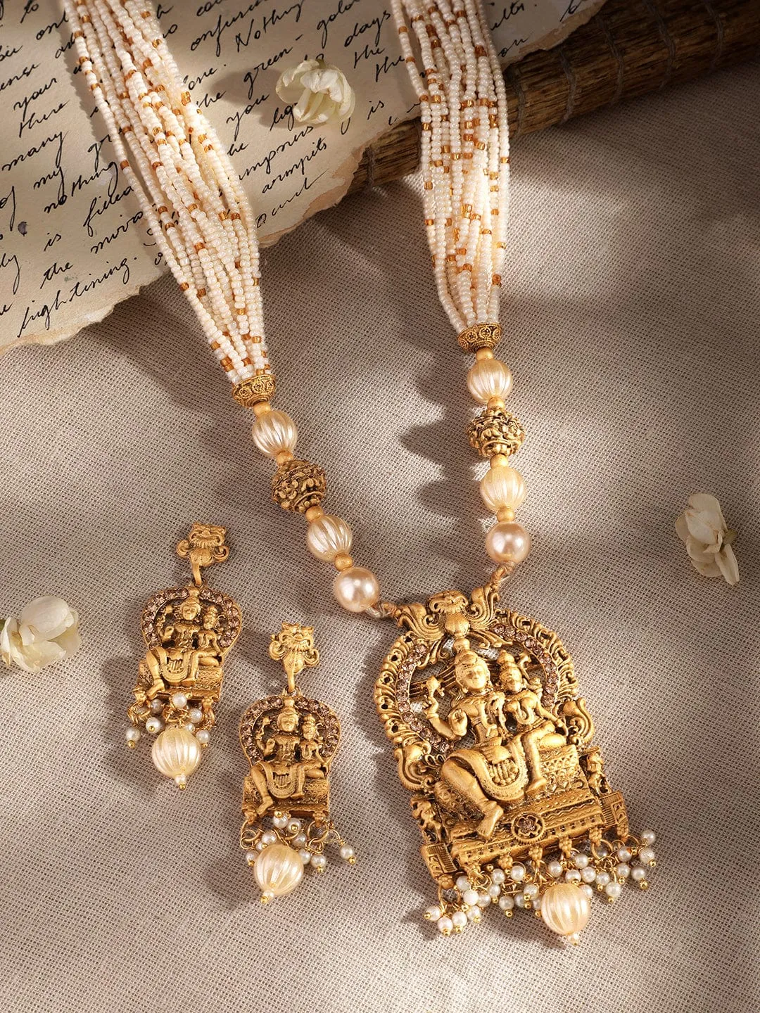 Rubans Divine Union: Lord Shiva and Parvathi Temple Jewellery with White Beads Chain Necklace Set