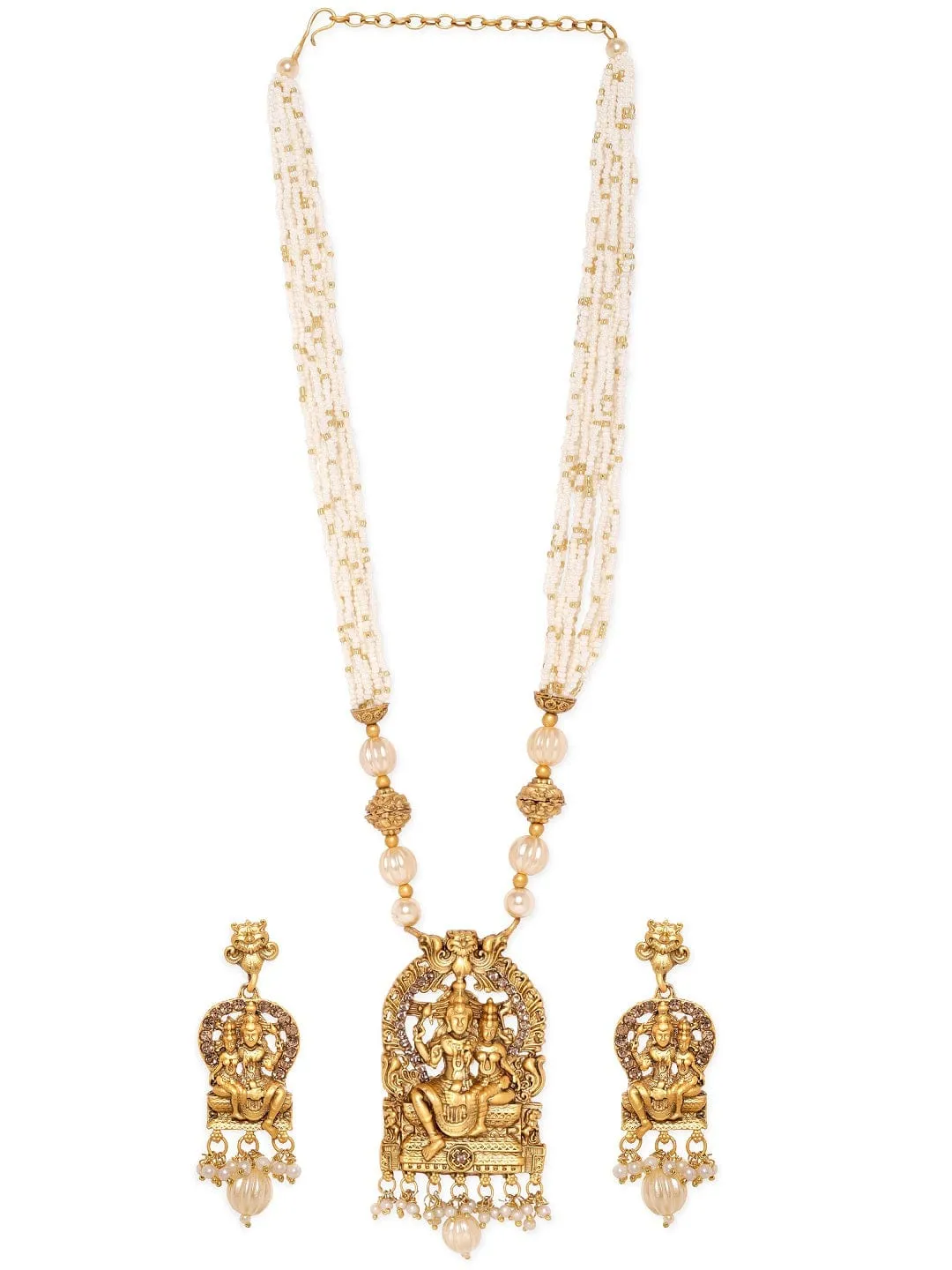 Rubans Divine Union: Lord Shiva and Parvathi Temple Jewellery with White Beads Chain Necklace Set