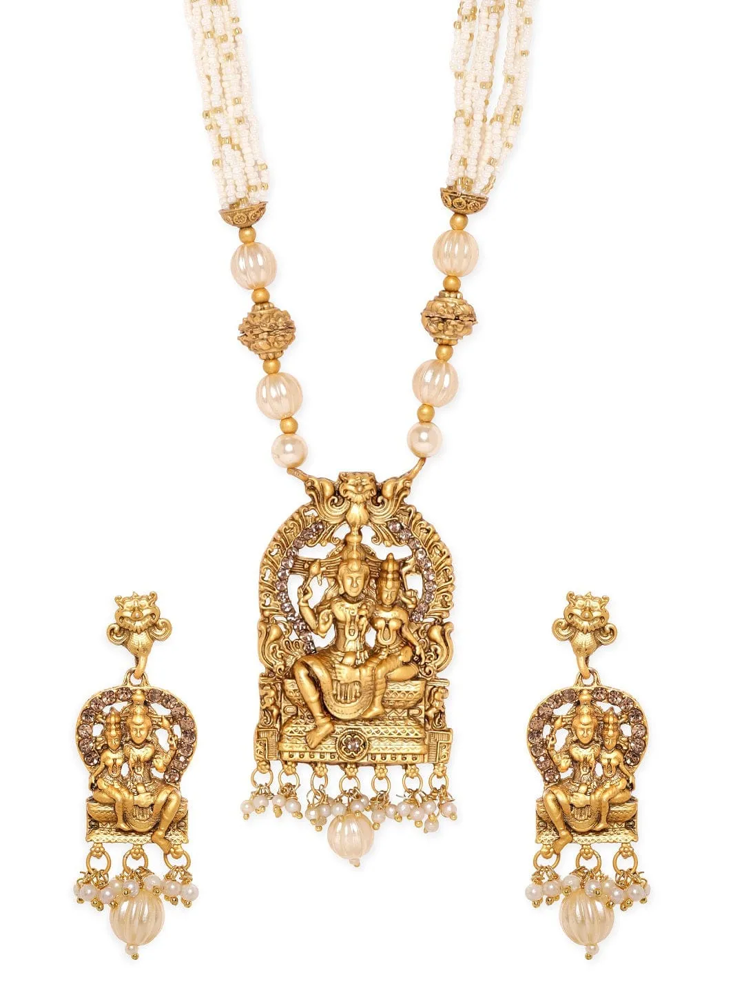 Rubans Divine Union: Lord Shiva and Parvathi Temple Jewellery with White Beads Chain Necklace Set