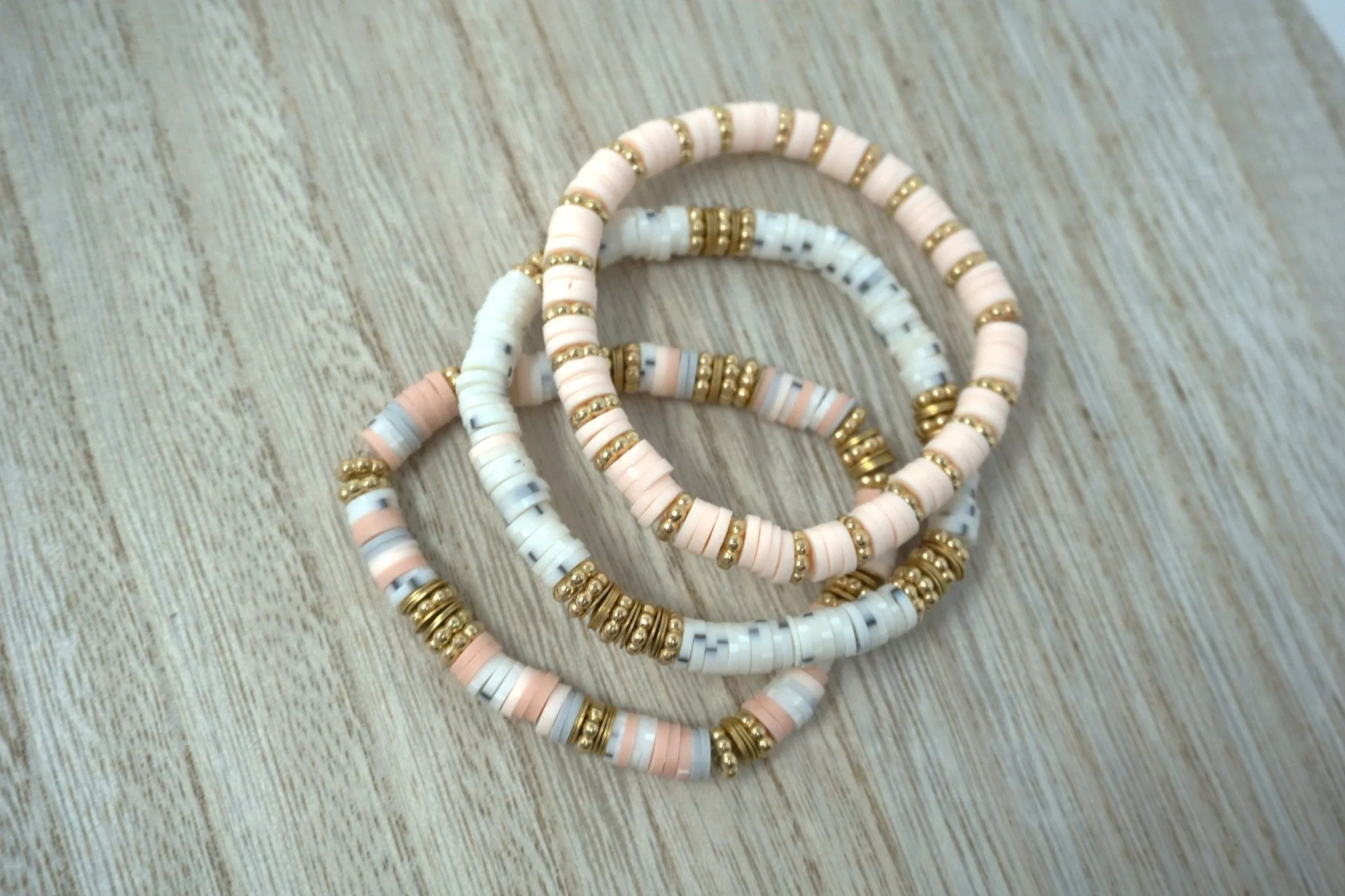 Shades of Sand Handmade Heishi Bead Bracelet 3 piece stack