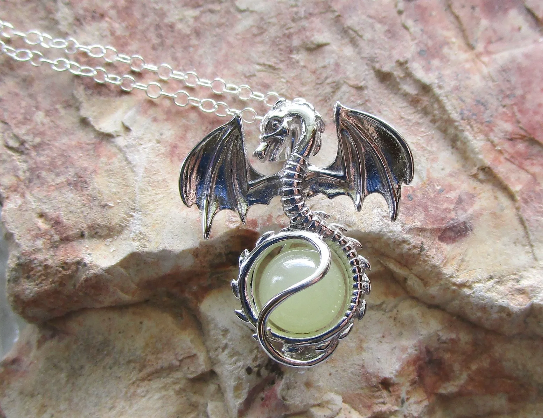 Silver Dragon Locket Cage with Yellow Citrine Crystal Ball Pendant Necklace