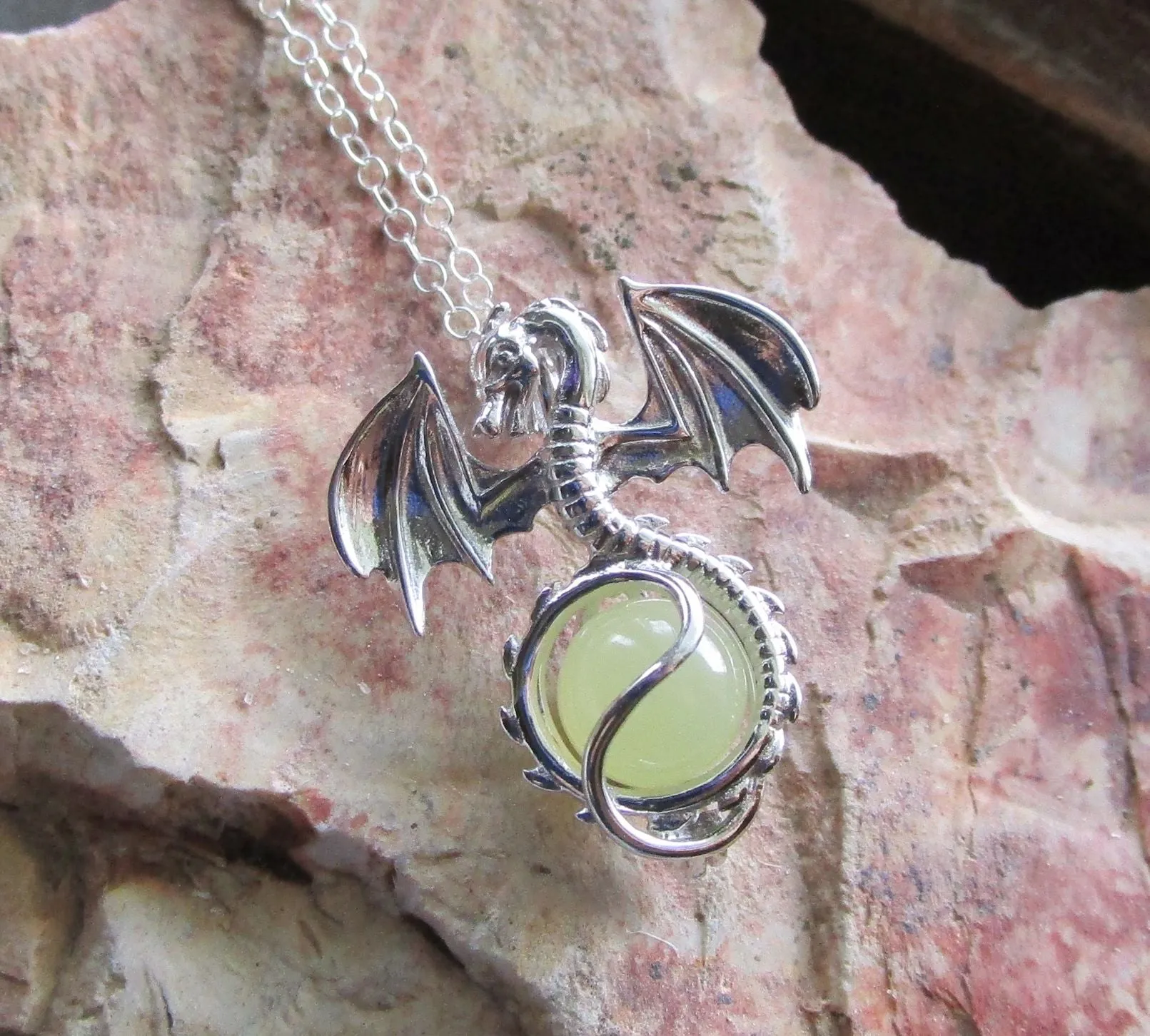 Silver Dragon Locket Cage with Yellow Citrine Crystal Ball Pendant Necklace