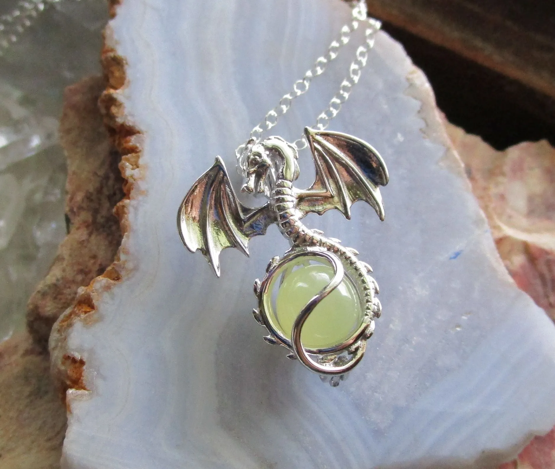 Silver Dragon Locket Cage with Yellow Citrine Crystal Ball Pendant Necklace