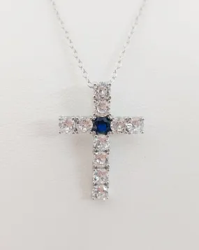 Silver Simulated Blue Sapphire/Diamond Cross Necklace