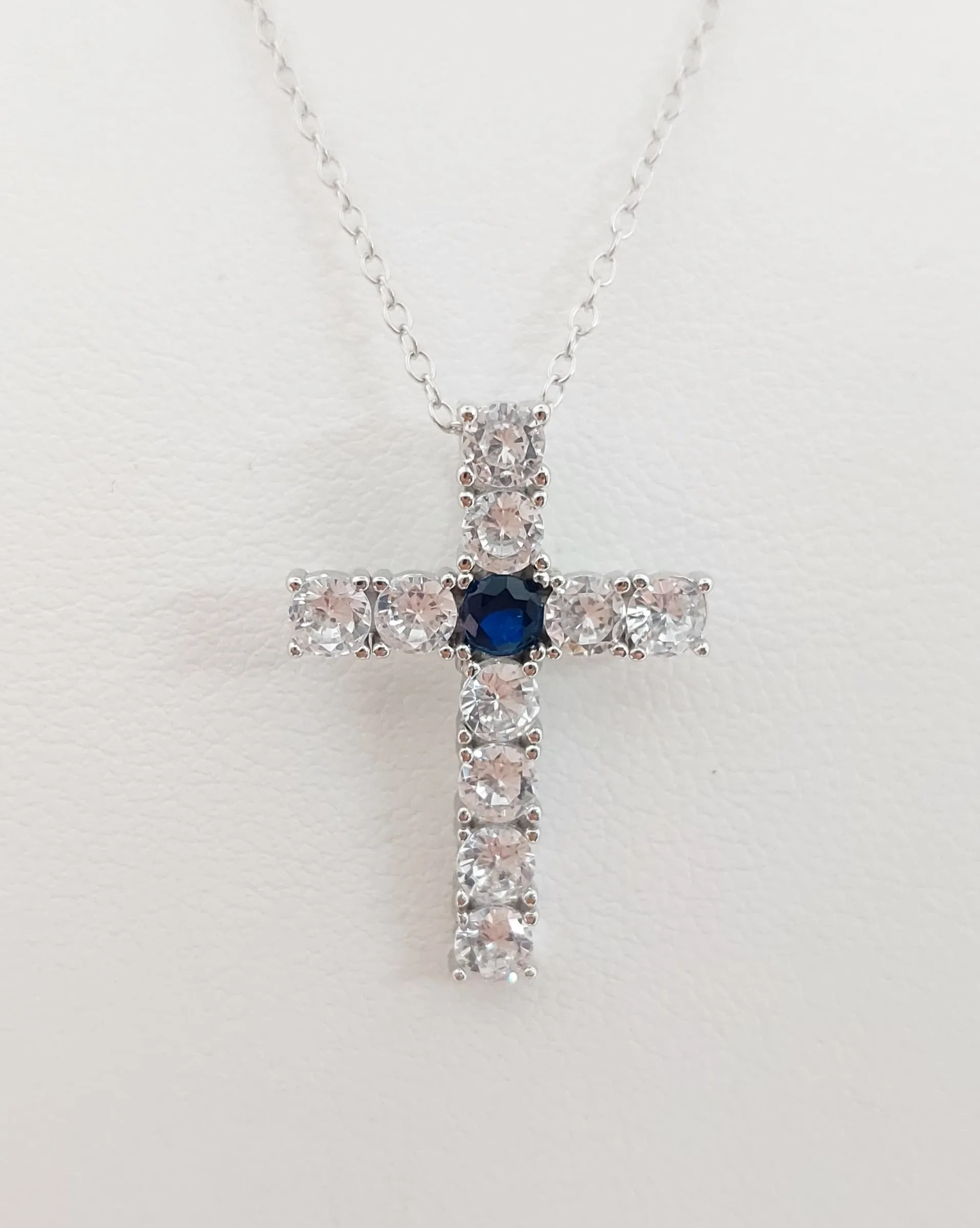 Silver Simulated Blue Sapphire/Diamond Cross Necklace