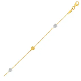 Size: 10'' - 14k Two-Toned Yellow and White Gold Anklet with Textured Hearts