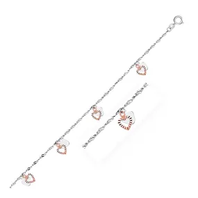 Size: 10'' - 14k White and Rose Gold Anklet with Dual Heart Charms