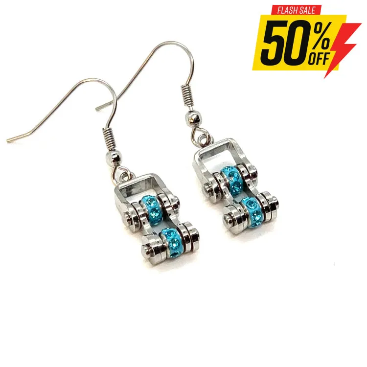 SK2211E March Edition Mini Mini 3/8" Wide Stainless Steel Aquamarine Imitation Crystal Earrings