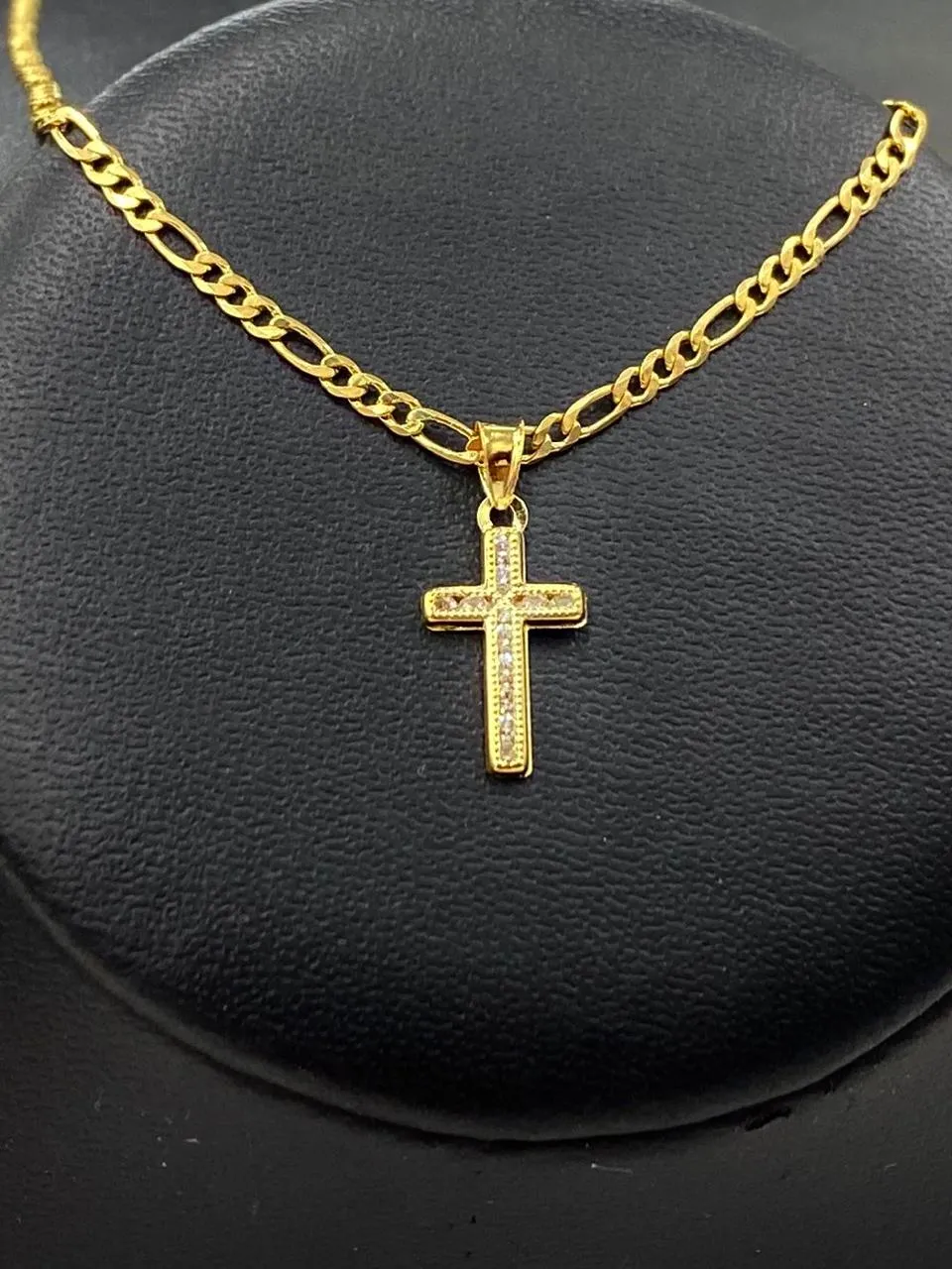 Small Cross Necklace Pendant CZ 14K Gold Filled Womens Kids Crucifix Figaro Chain 17x10