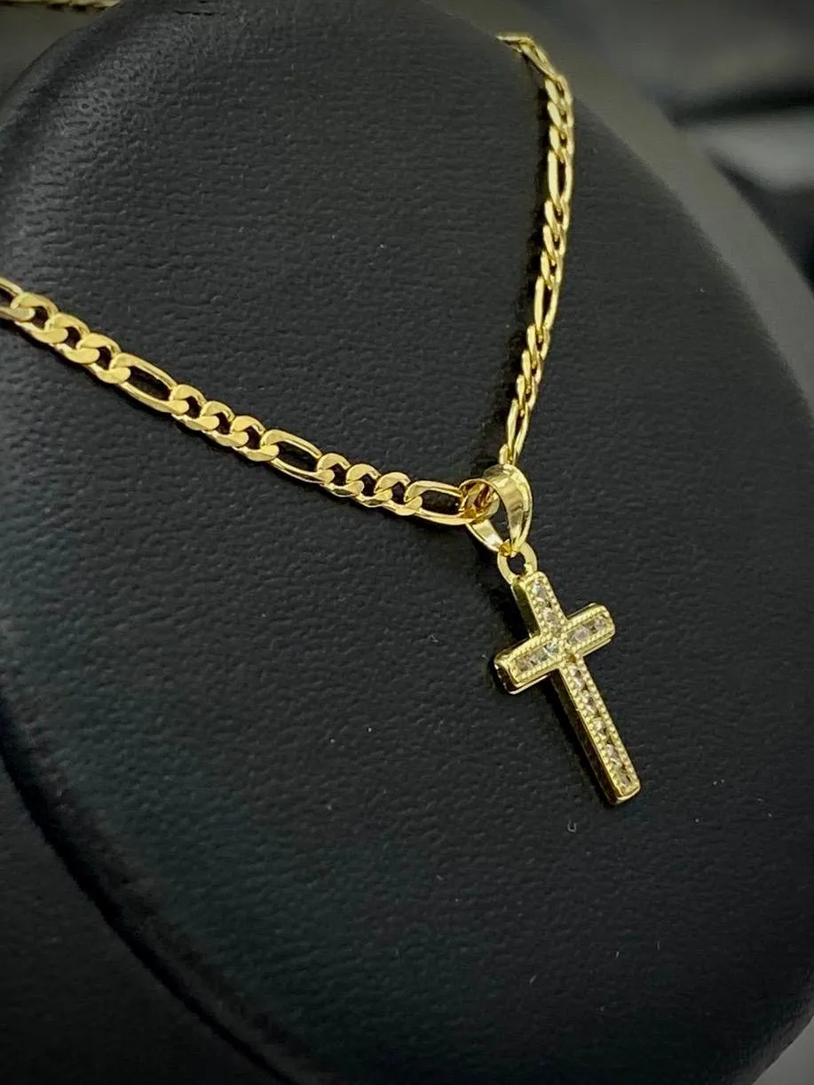 Small Cross Necklace Pendant CZ 14K Gold Filled Womens Kids Crucifix Figaro Chain 17x10