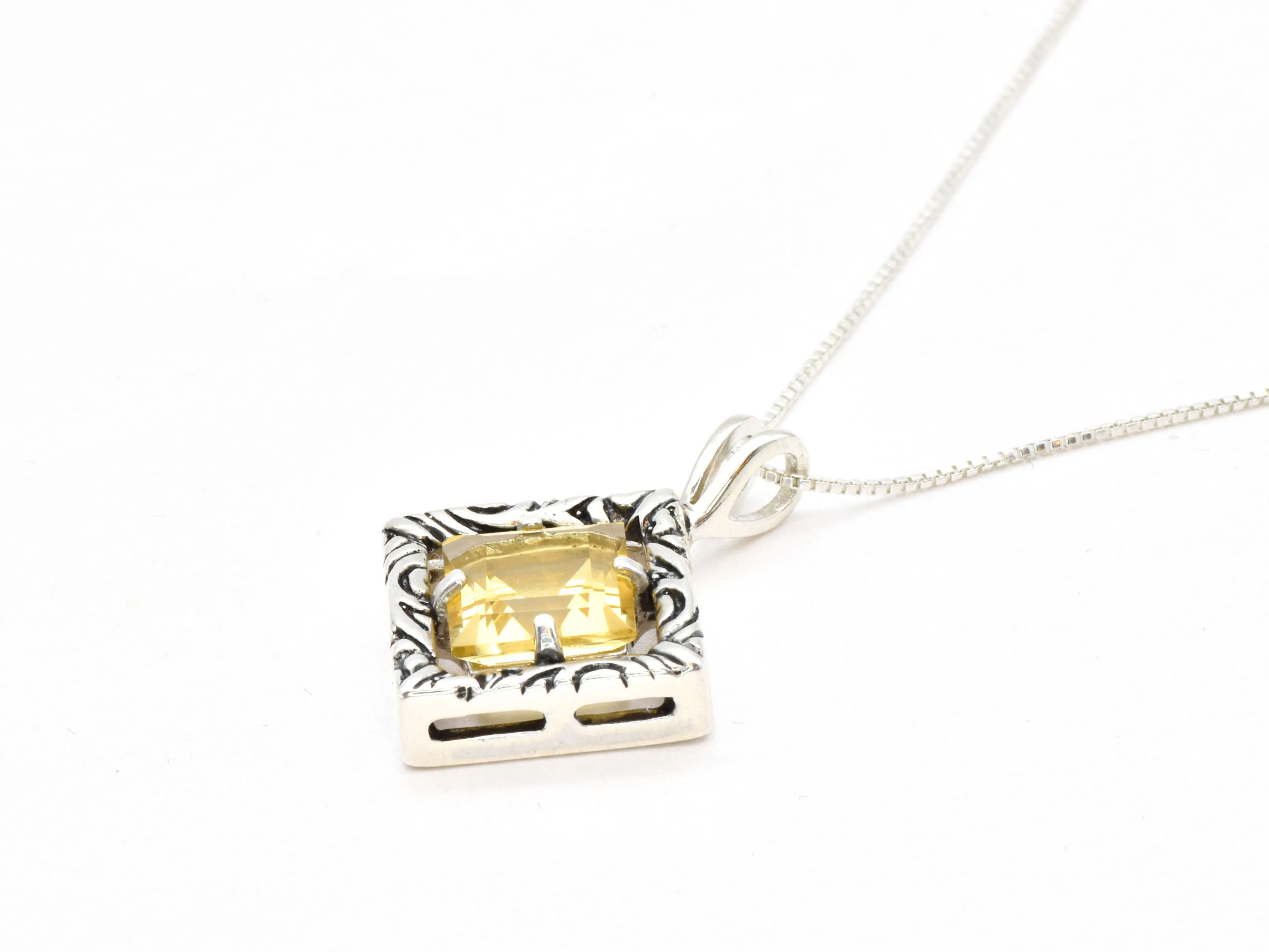 Square Citrine Pendant - Yellow Boho Necklace, October Birthstone Necklace